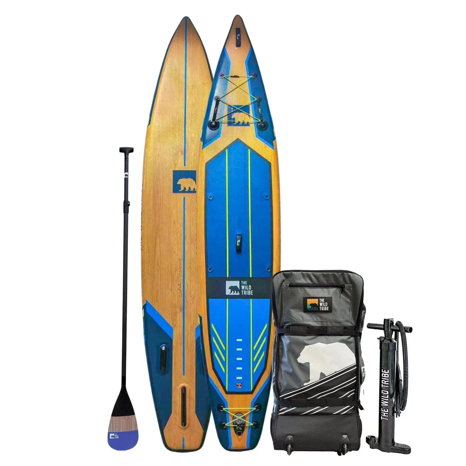 Blue and wood grain inflatable paddle board set with paddle, backpack, and pump, The Wild Tribe
