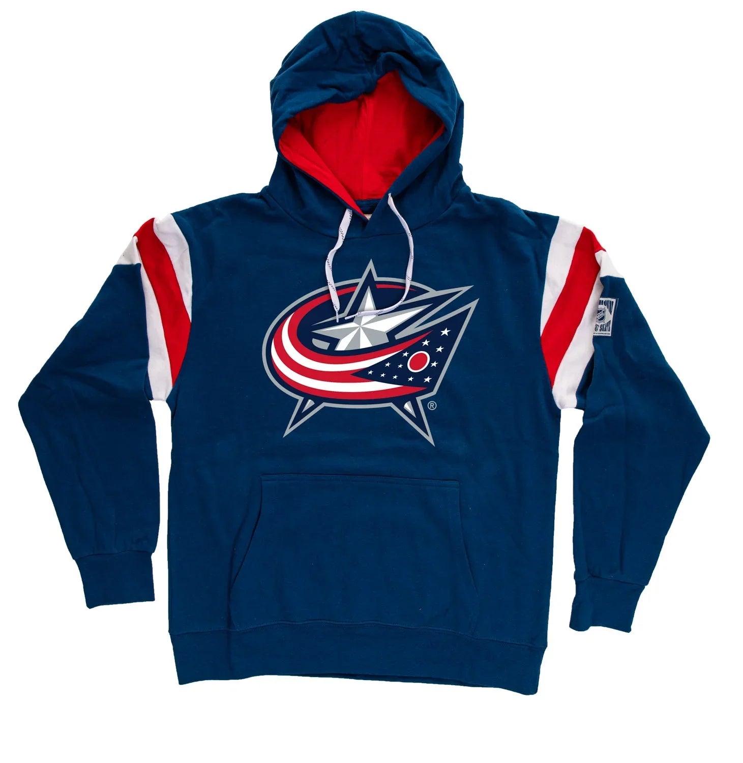 Navy Columbus Blue Jackets varsity hoodie with red and white sleeve stripes and team logo