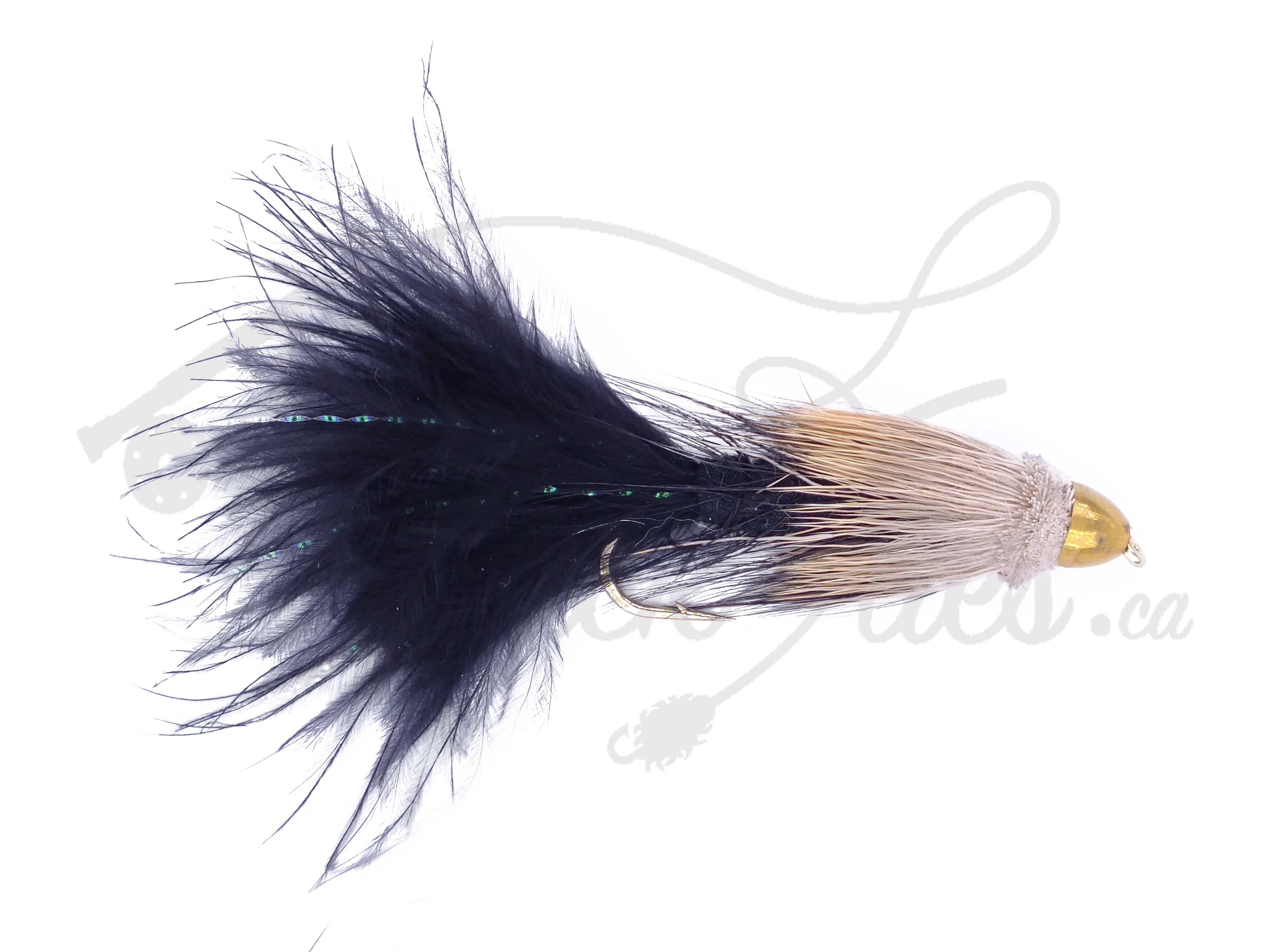 Black Conehead Bow River Bugger fly with gold bead head and feather tail on white background