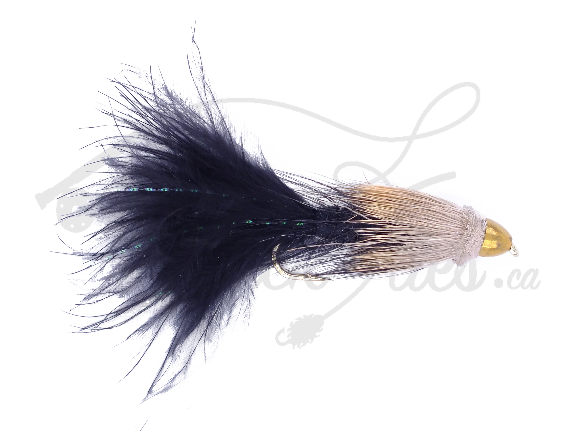 Black Conehead Bow River Bugger fly with gold bead head and feather tail on white background