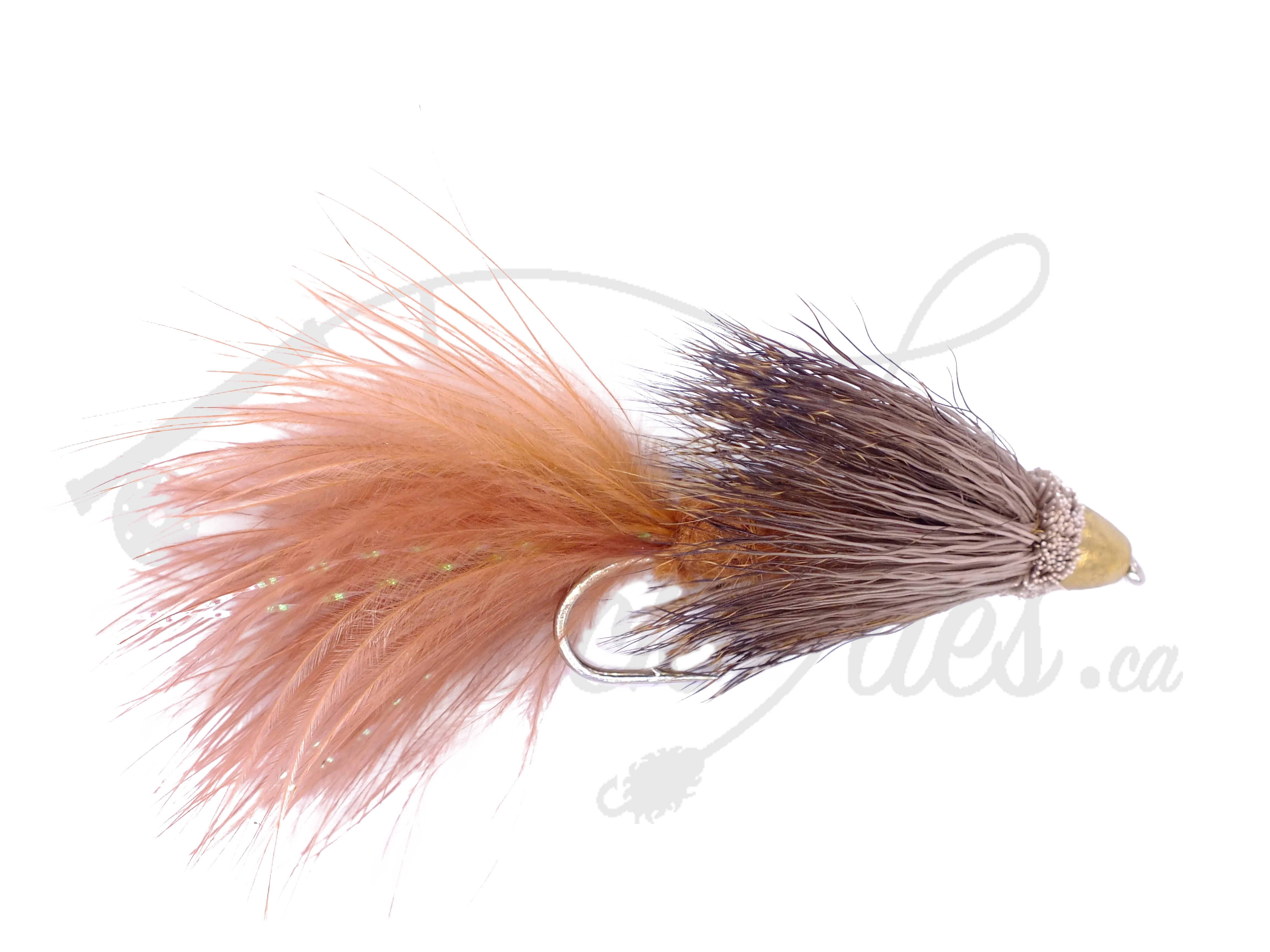 Conehead Bow River Bugger Brown fishing fly with brown marabou tail and gold cone head