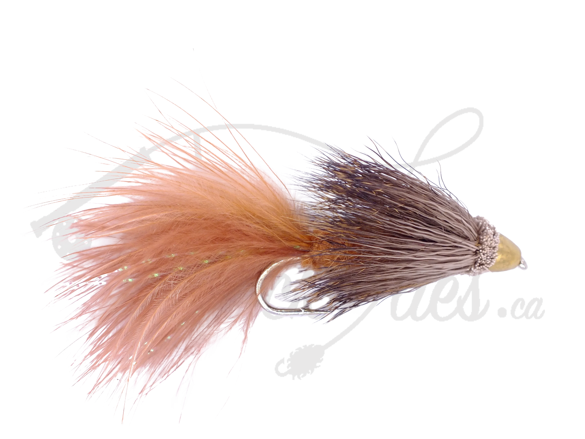 Conehead Bow River Bugger Brown fishing fly with brown marabou tail and gold cone head
