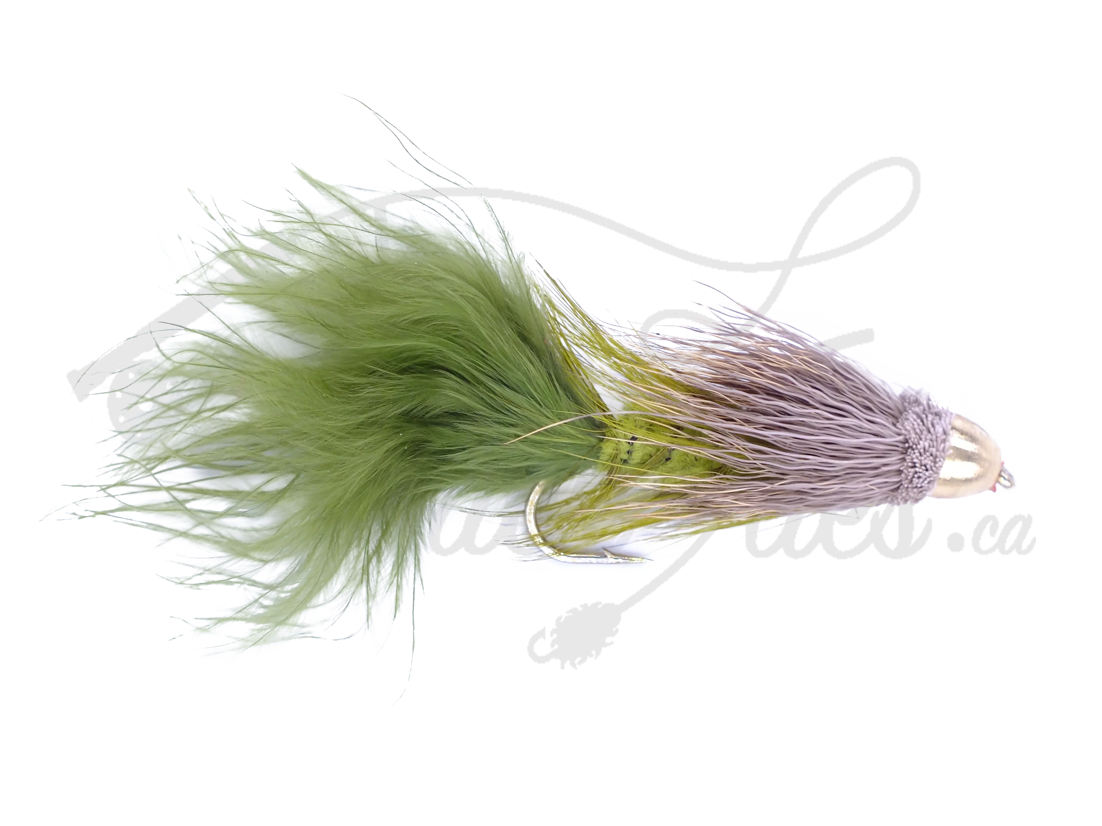 Olive Conehead Bow River Bugger fly fishing lure with gold cone head and bushy feathers