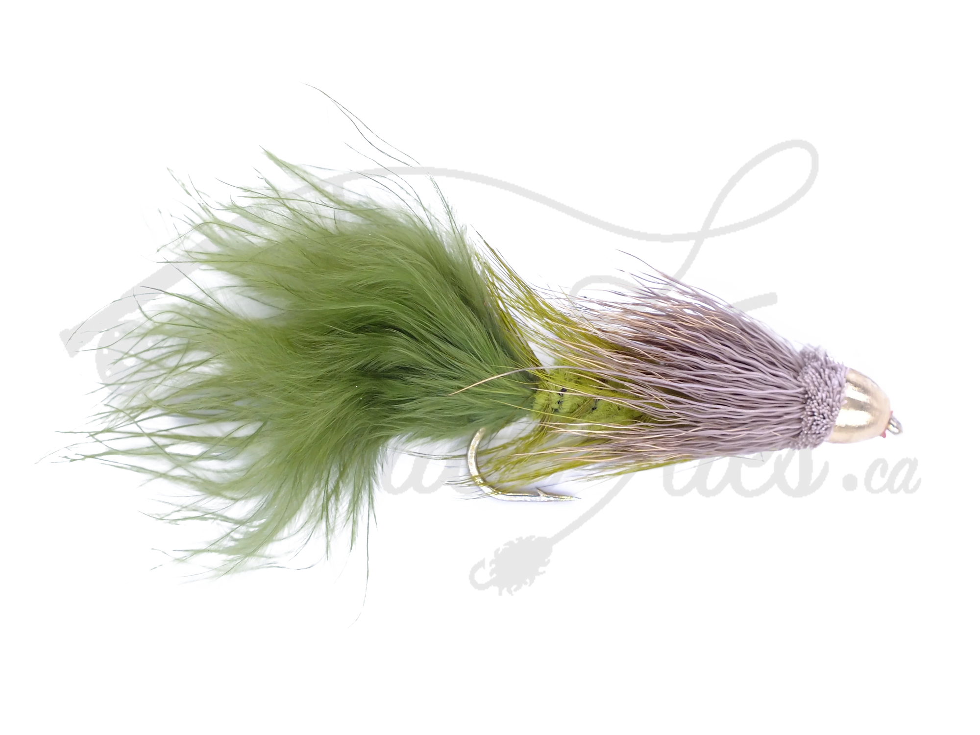 Olive Conehead Bow River Bugger fly fishing lure with gold cone head and bushy feathers