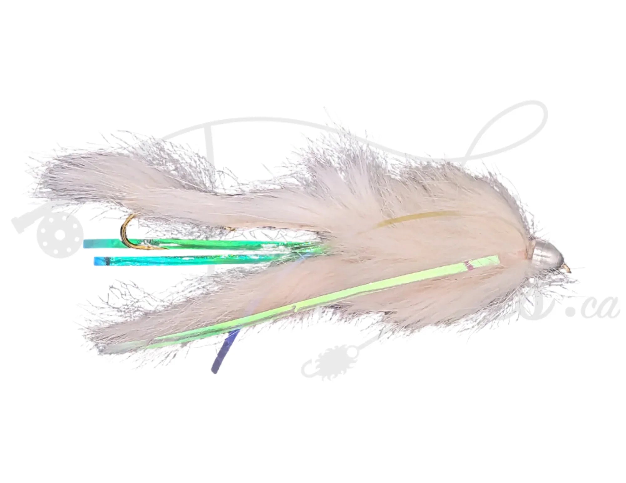 White Conehead Dolly Lama streamer fly with metallic cone head and flash accents