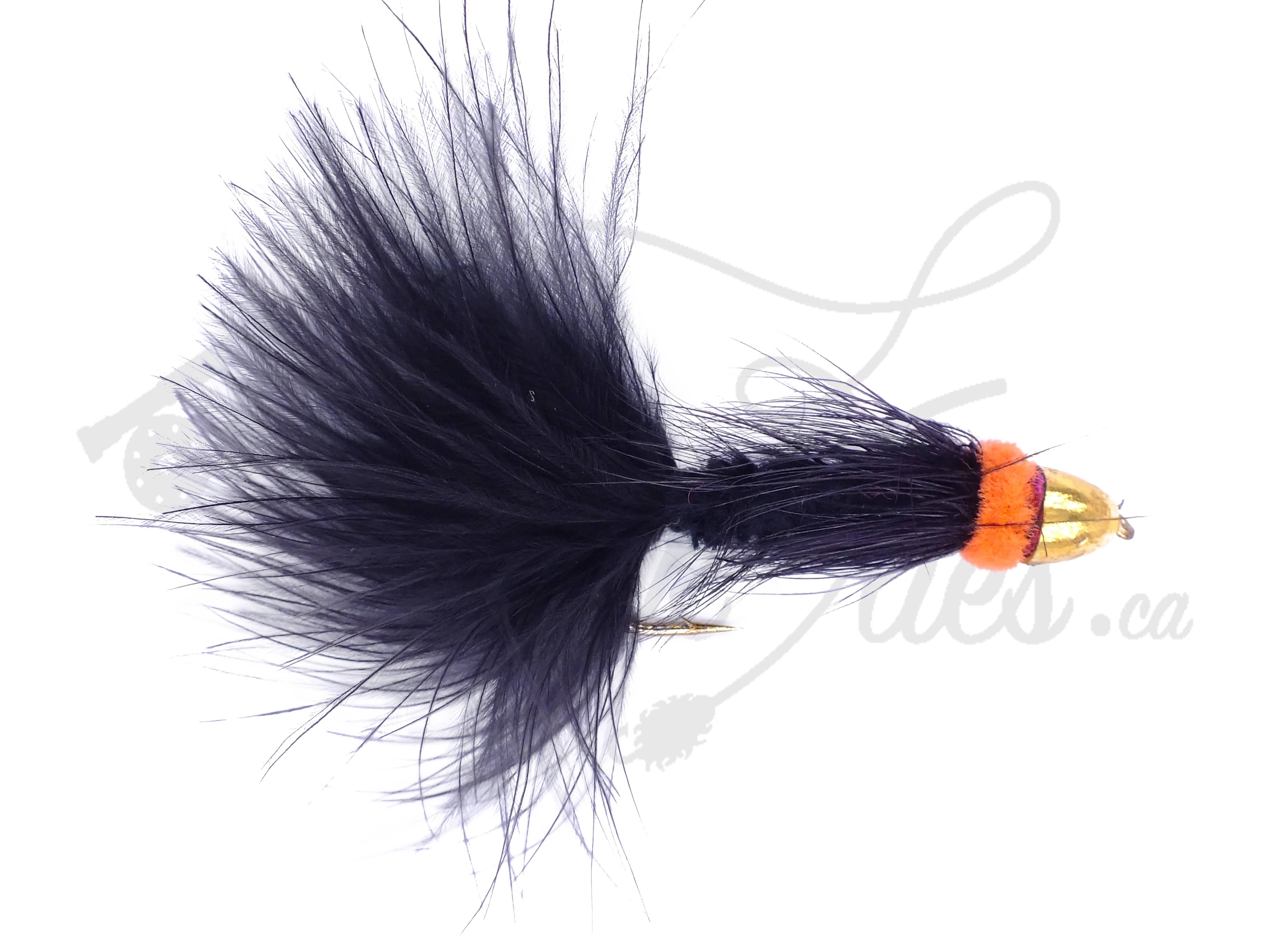 Conehead Egg Sucking Leech fly, black with orange head, gold bead, fishing lure