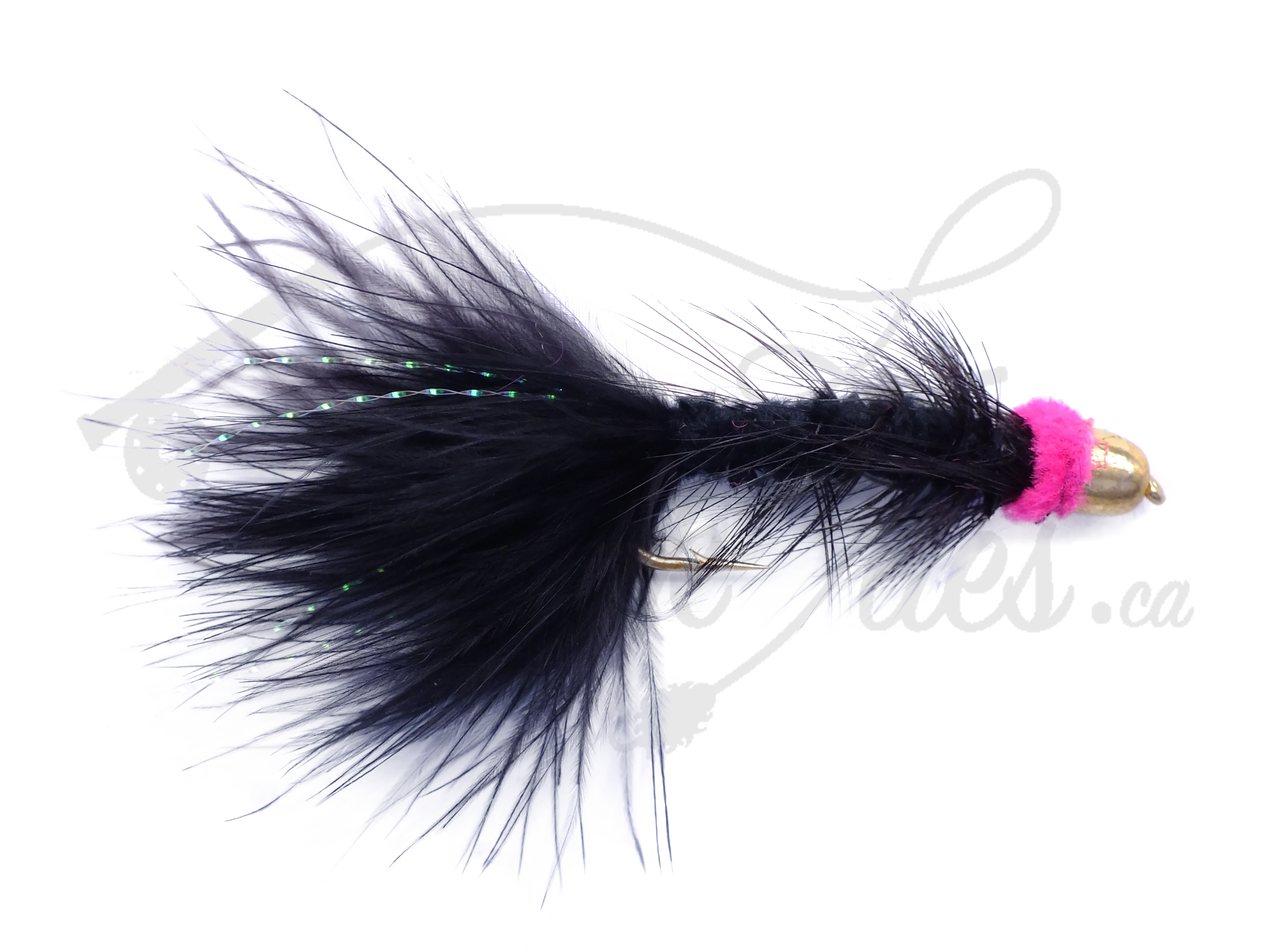 Black and white egg sucking leech fly with a pink head and gold cone for fly fishing