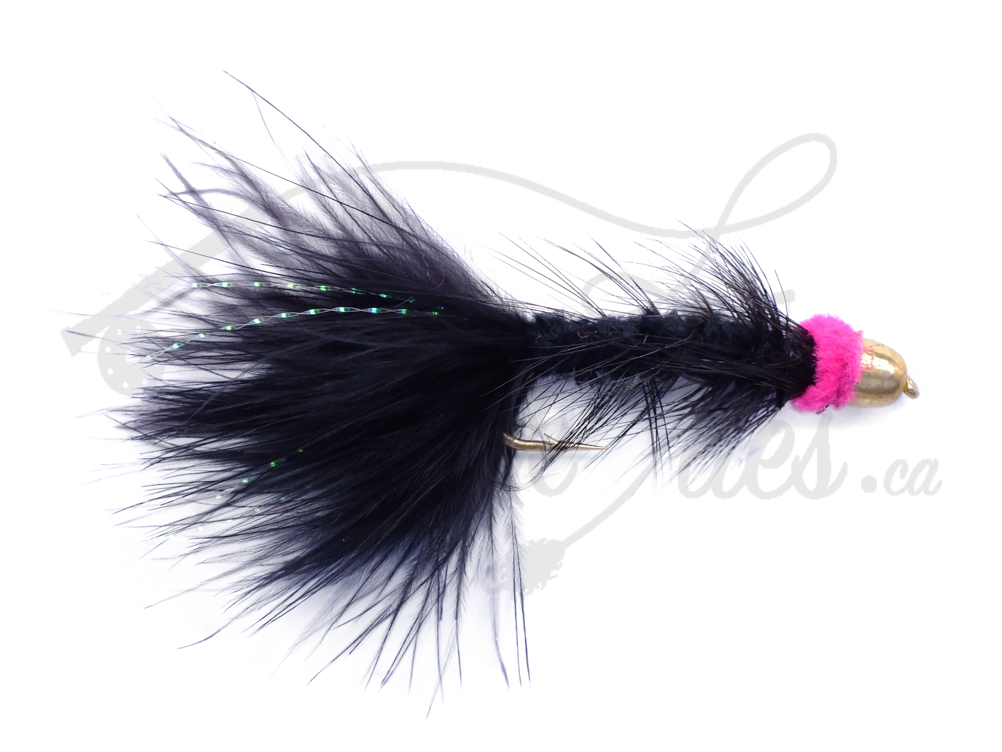 Black and white egg sucking leech fly with a pink head and gold cone for fly fishing