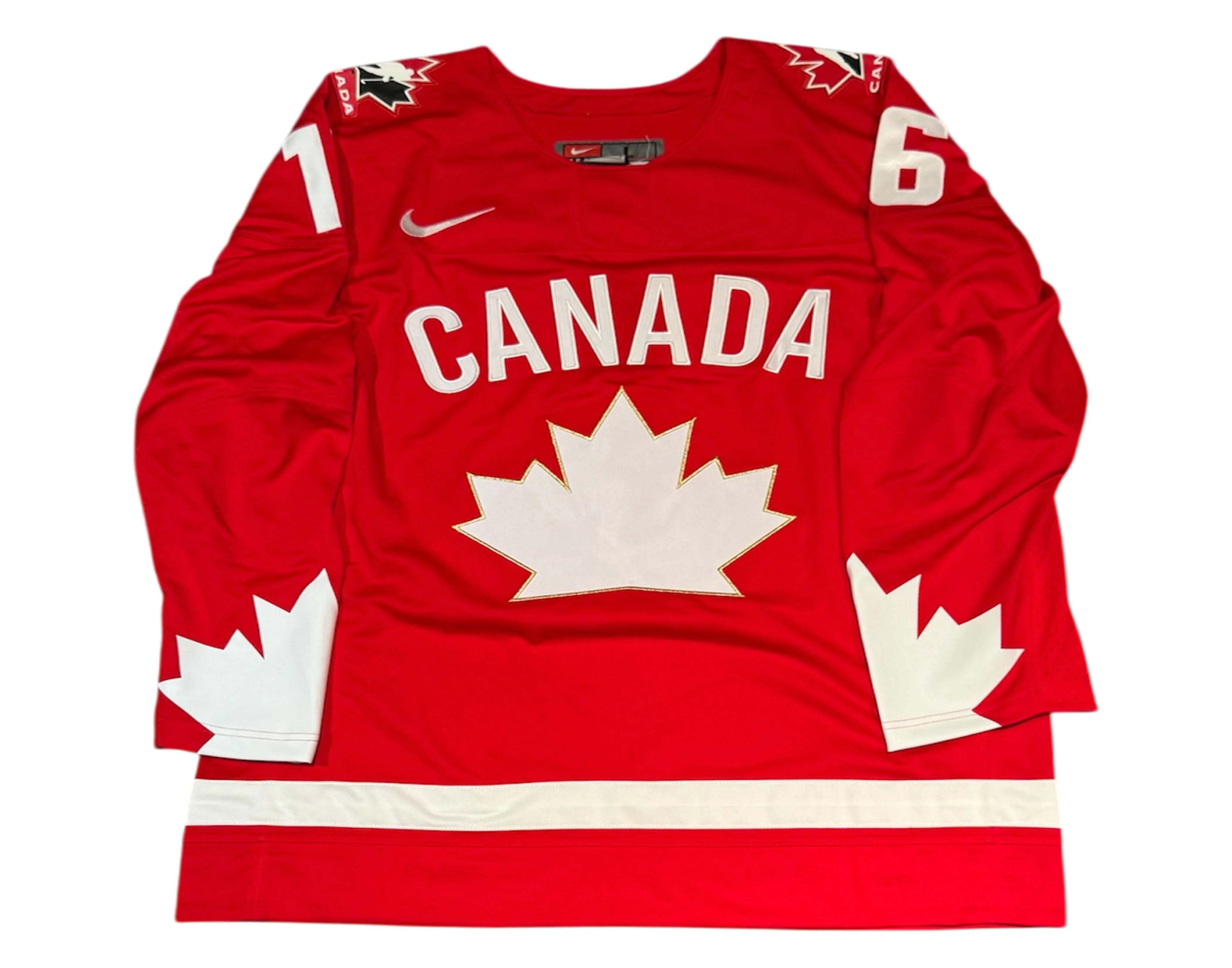Red Team Canada hockey jersey with white maple leaf and number 61, Nike logo visible