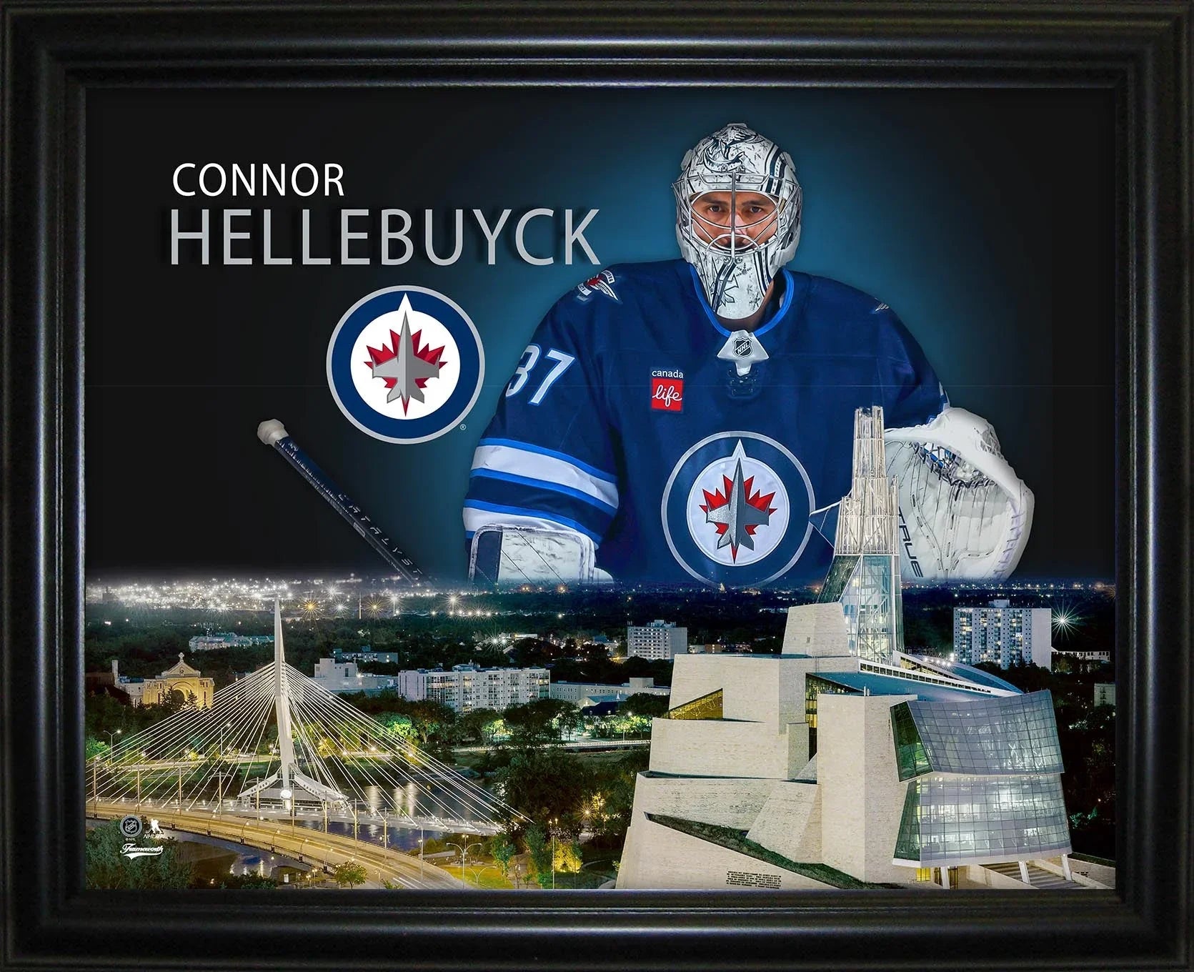 Winnipeg Jets goalie in blue jersey, city skyline, and museum, framed sports art