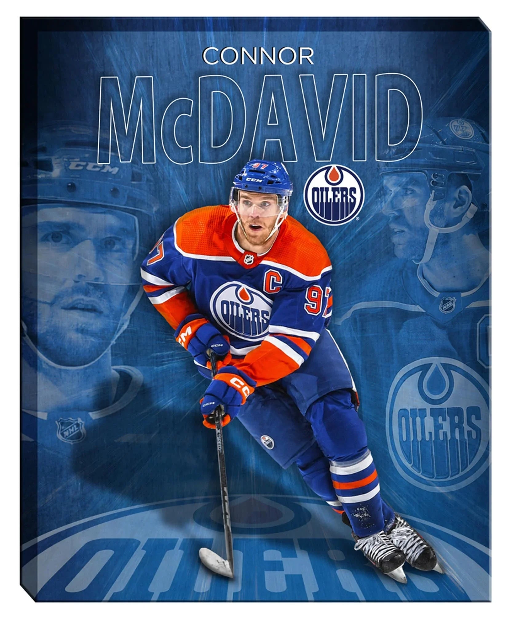 Edmonton Oilers hockey player in blue and orange uniform skating with stick on ice
