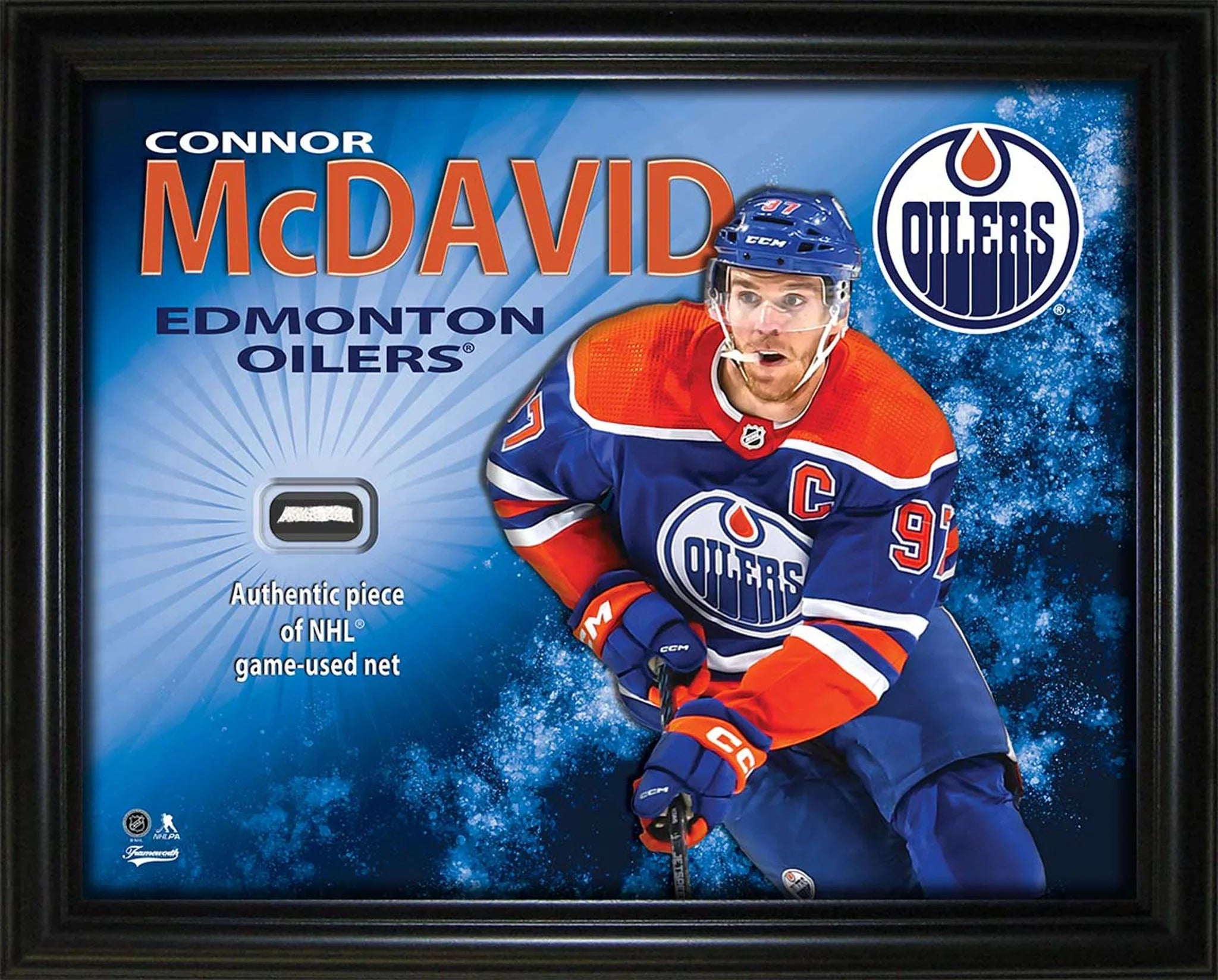 Connor McDavid Edmonton Oilers framed NHL memorabilia display with game-used net piece