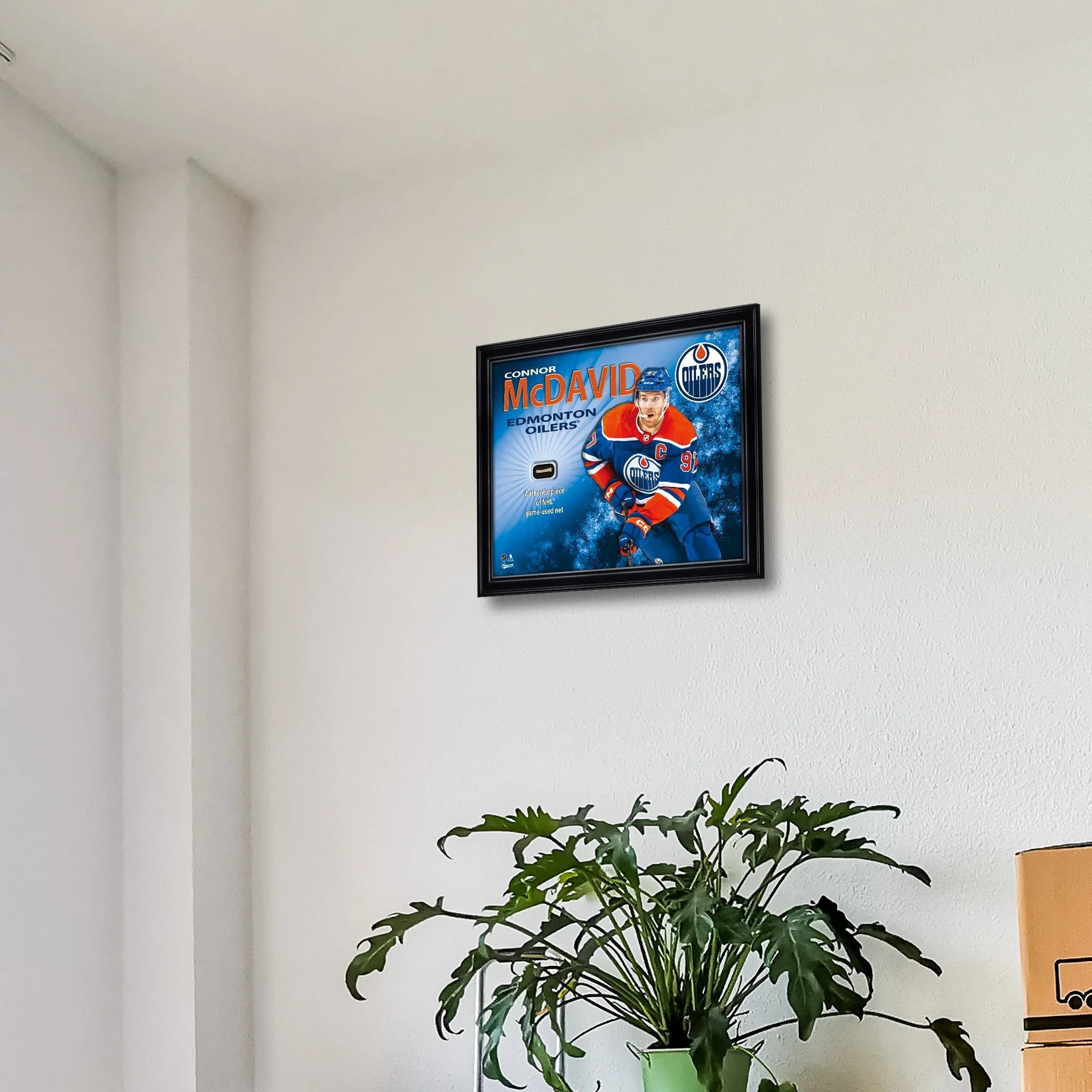 Framed Edmonton Oilers hockey poster on white wall in modern room with green plant