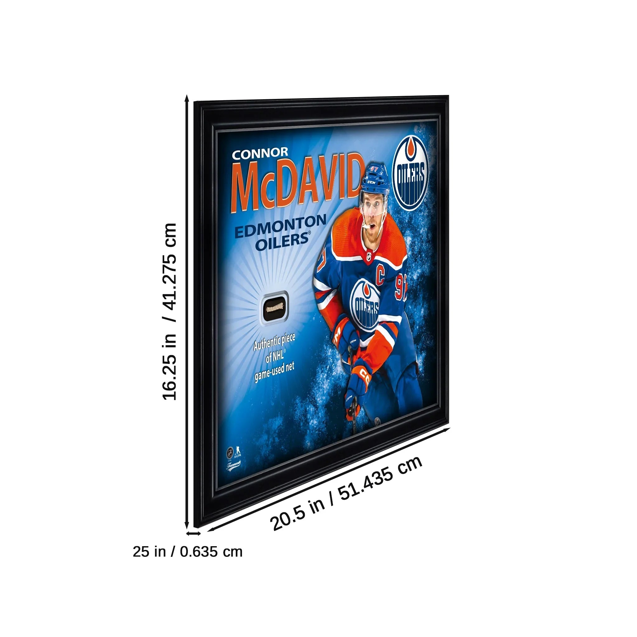 Framed Connor McDavid Edmonton Oilers NHL collectible with game-used net, dimensions labeled.