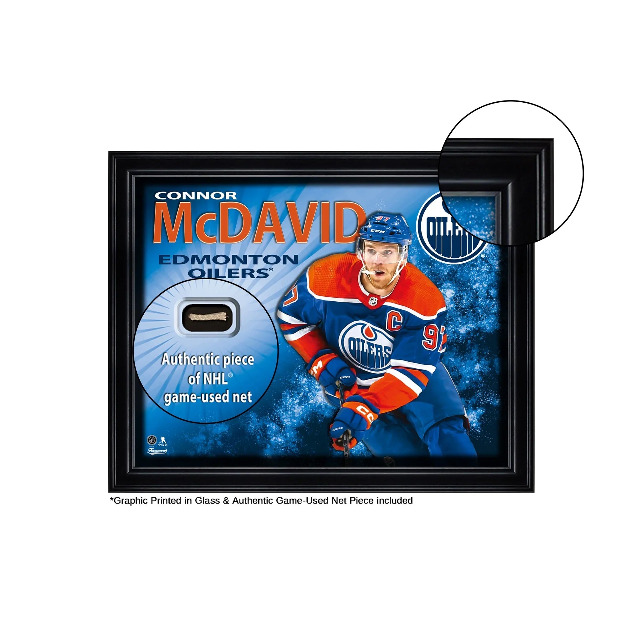 Framed Connor McDavid Edmonton Oilers collectible with game-used NHL net piece