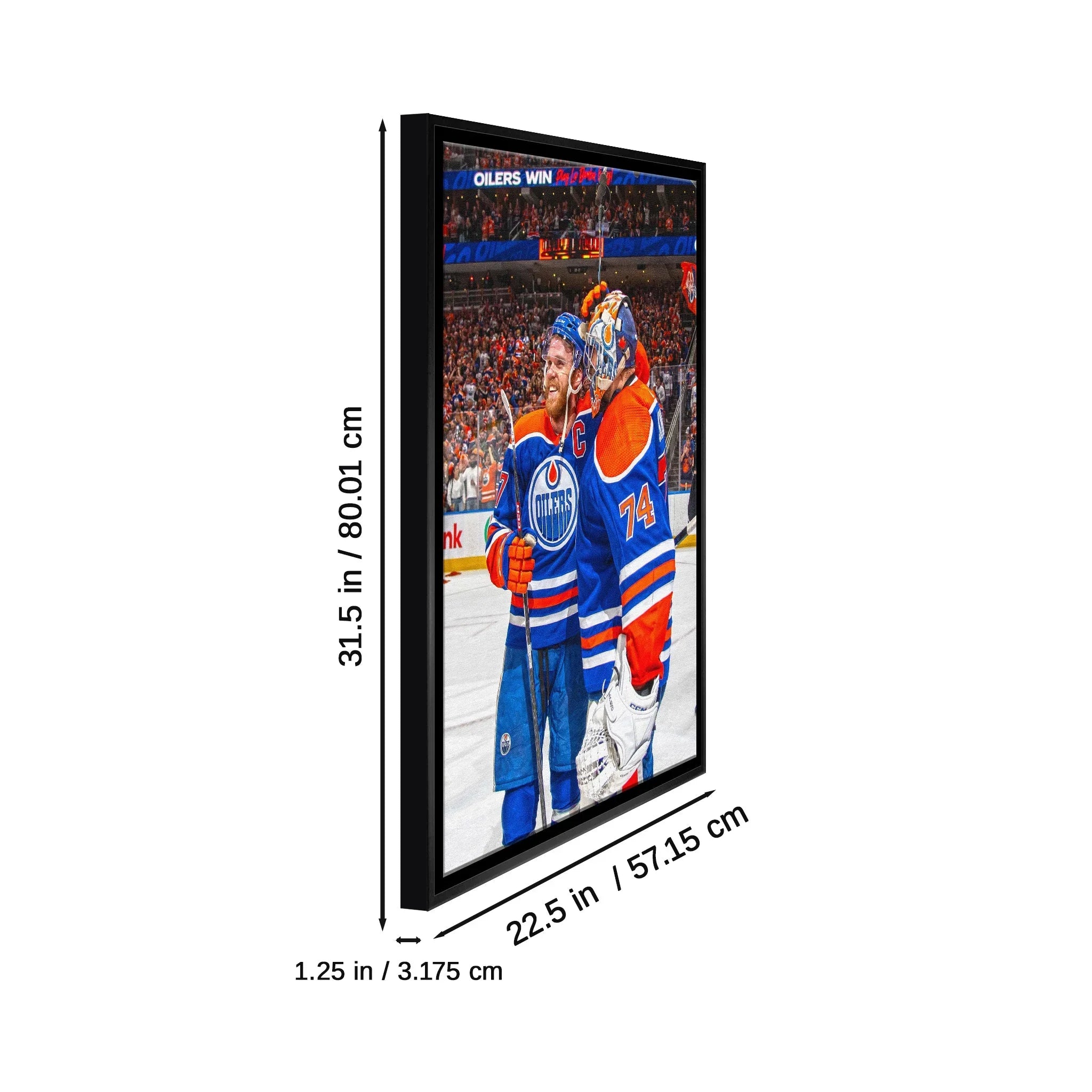 Framed Edmonton Oilers hockey canvas with player art, dimensions 31.5x22.5x1.25 in