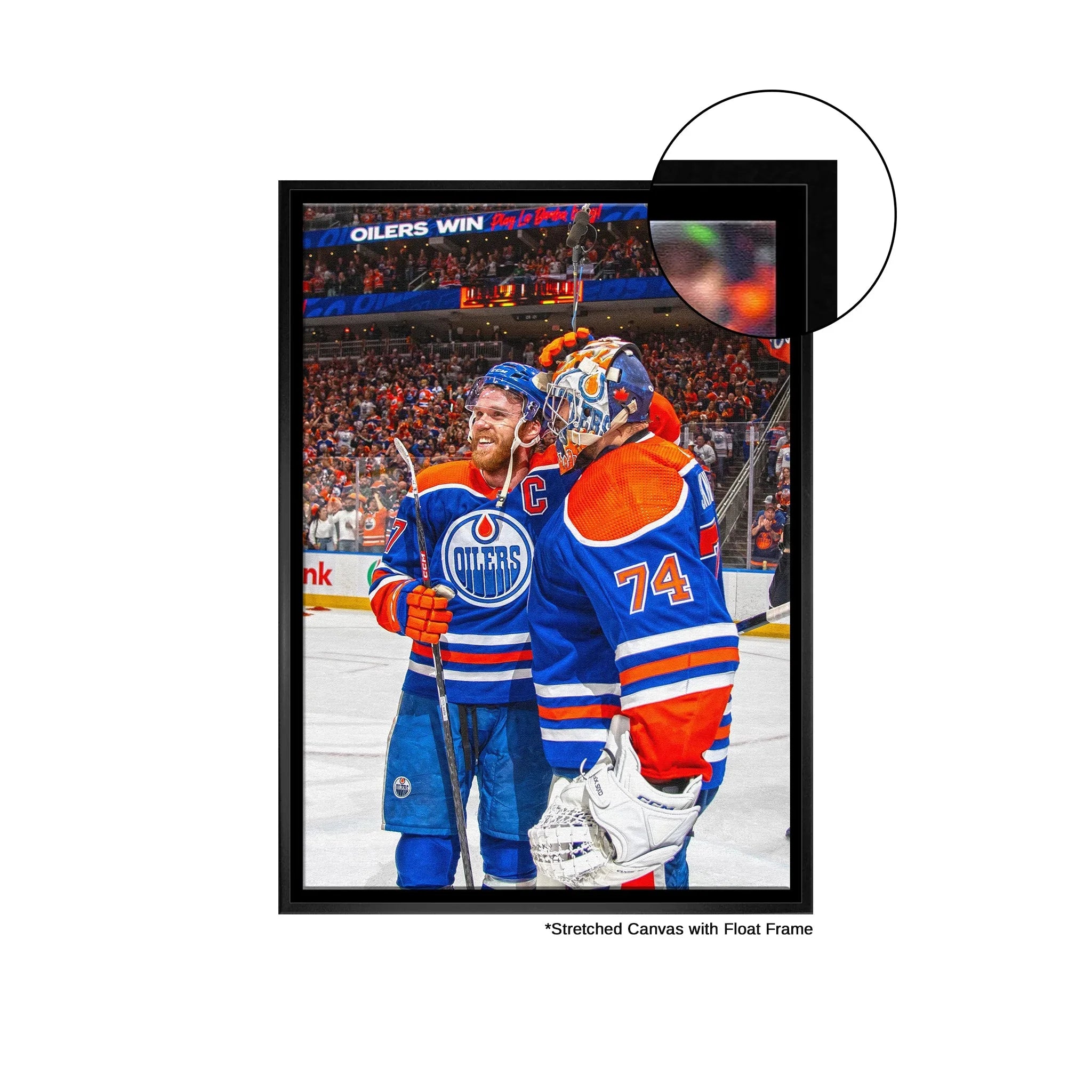 Edmonton Oilers hockey players celebrating on ice, stretched canvas with float frame.