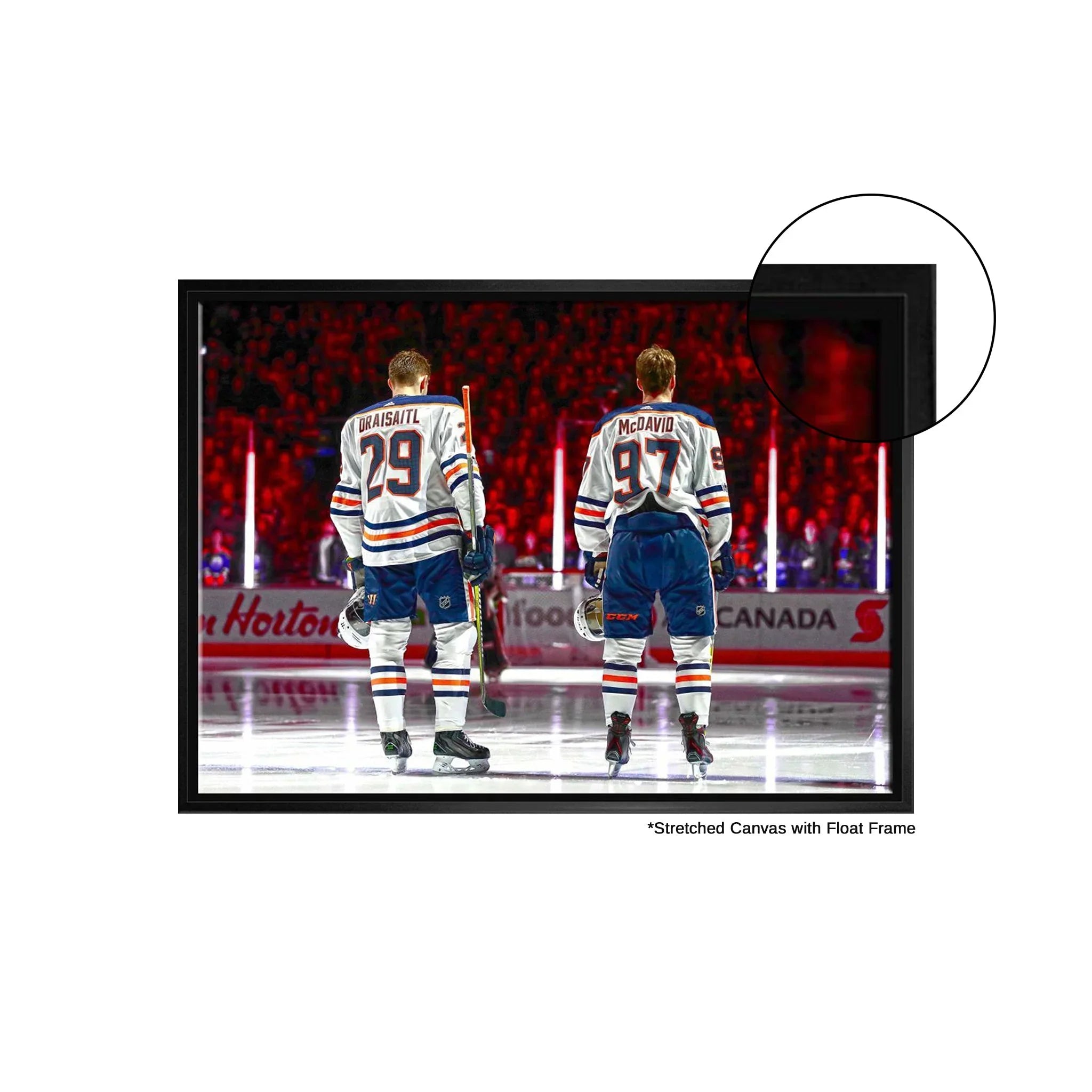 Two hockey players on ice in white jerseys, framed stretched canvas sports wall art.