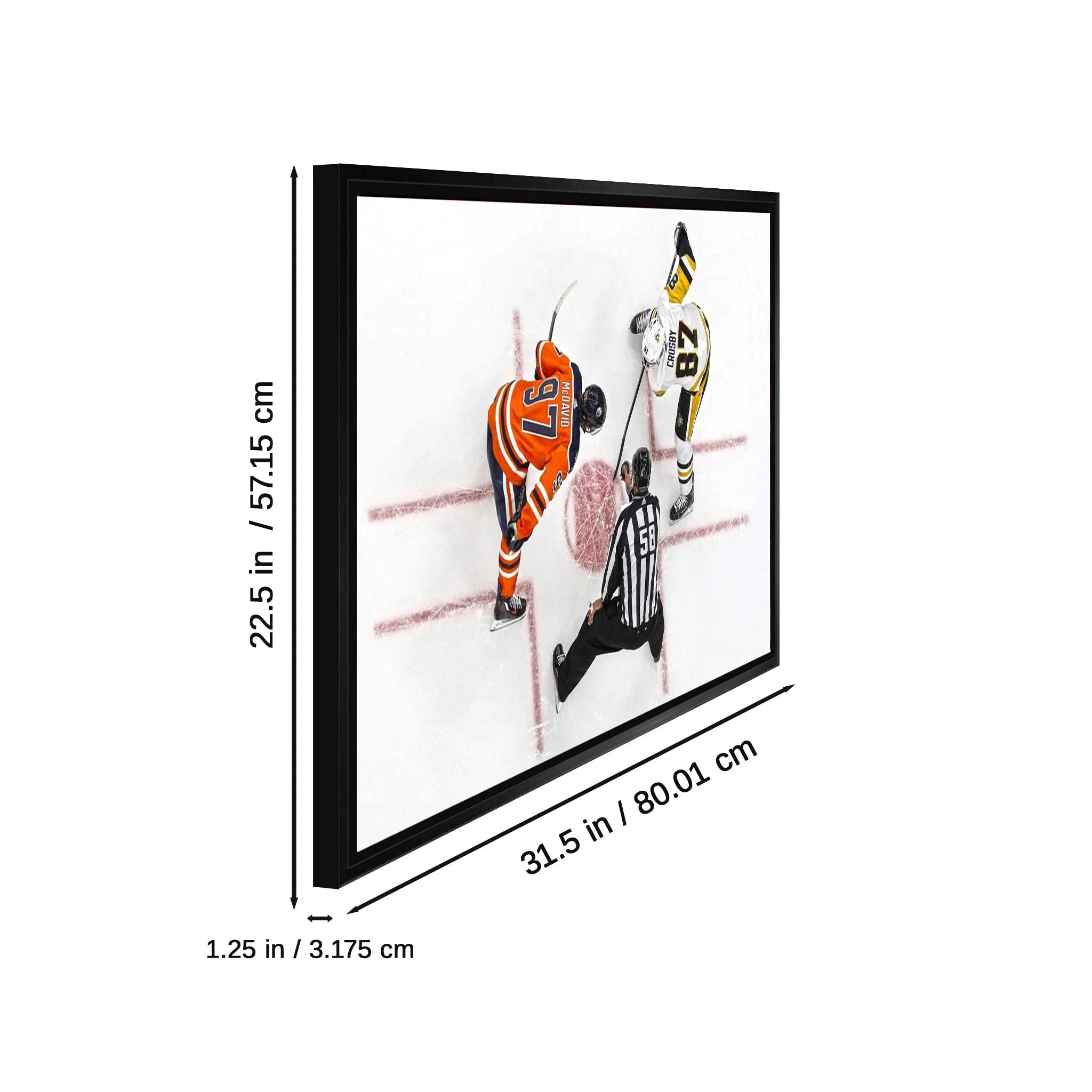 Framed hockey art print showing faceoff, black frame with dimensions in inches and cm