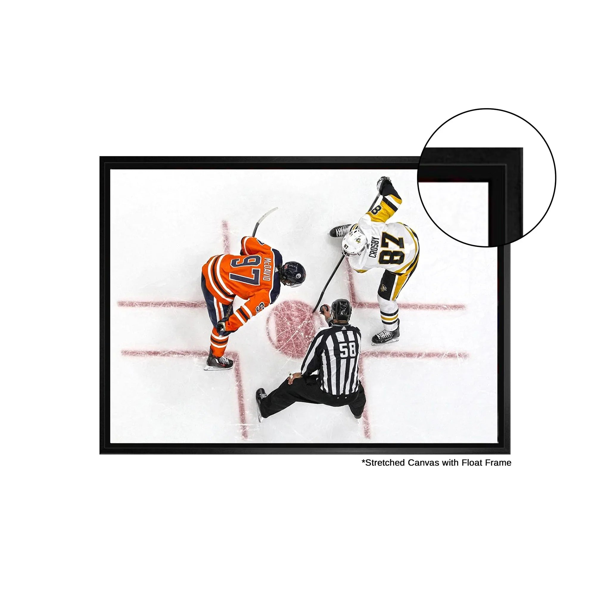 Hockey faceoff art print with referee, framed canvas, NHL action decor