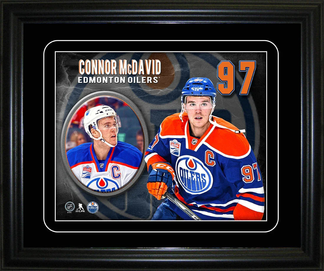 Edmonton Oilers framed photo, hockey player in blue jersey with number 97, Connor McDavid