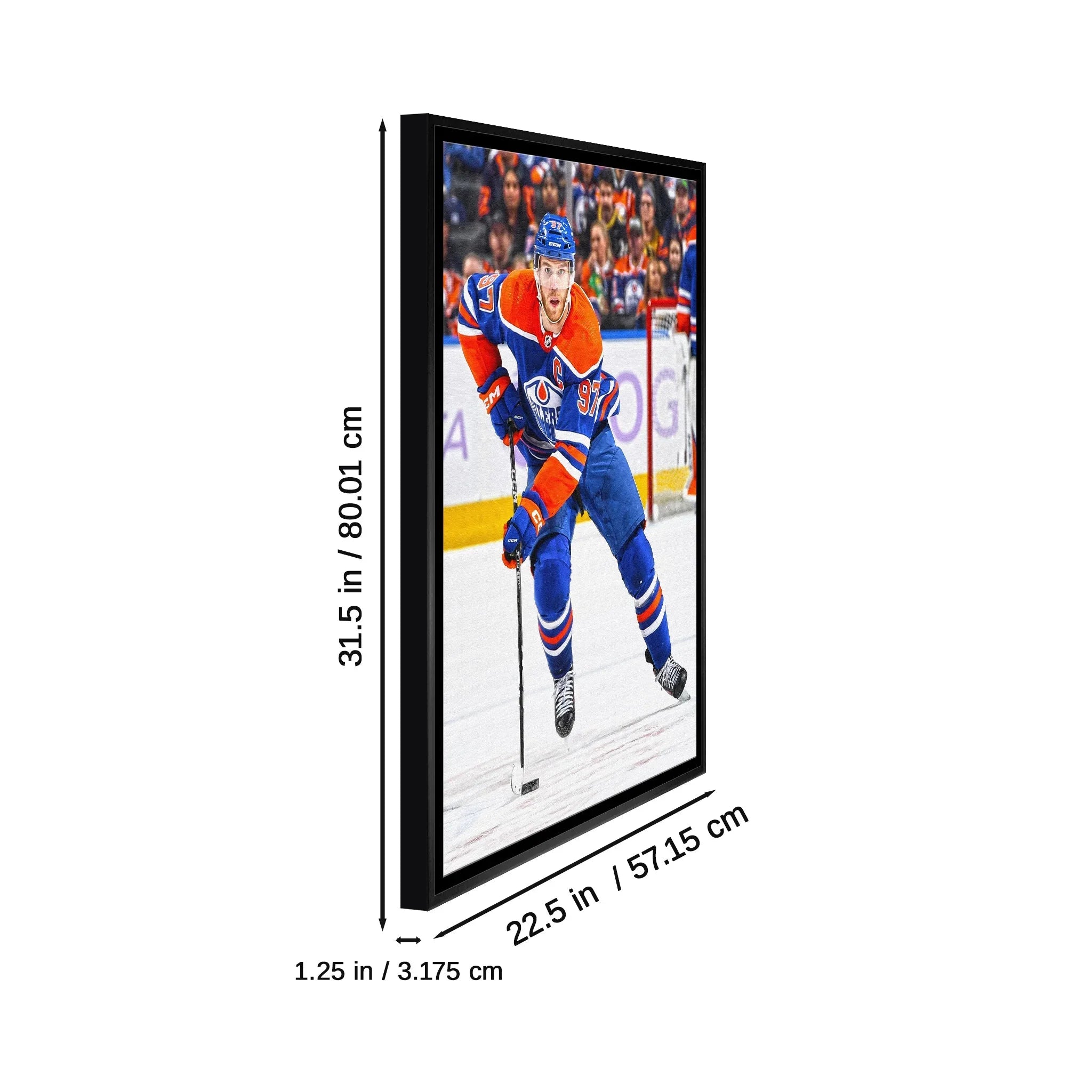 Framed hockey player wall art, orange blue uniform, NHL decor, sizes labeled in inches and cm