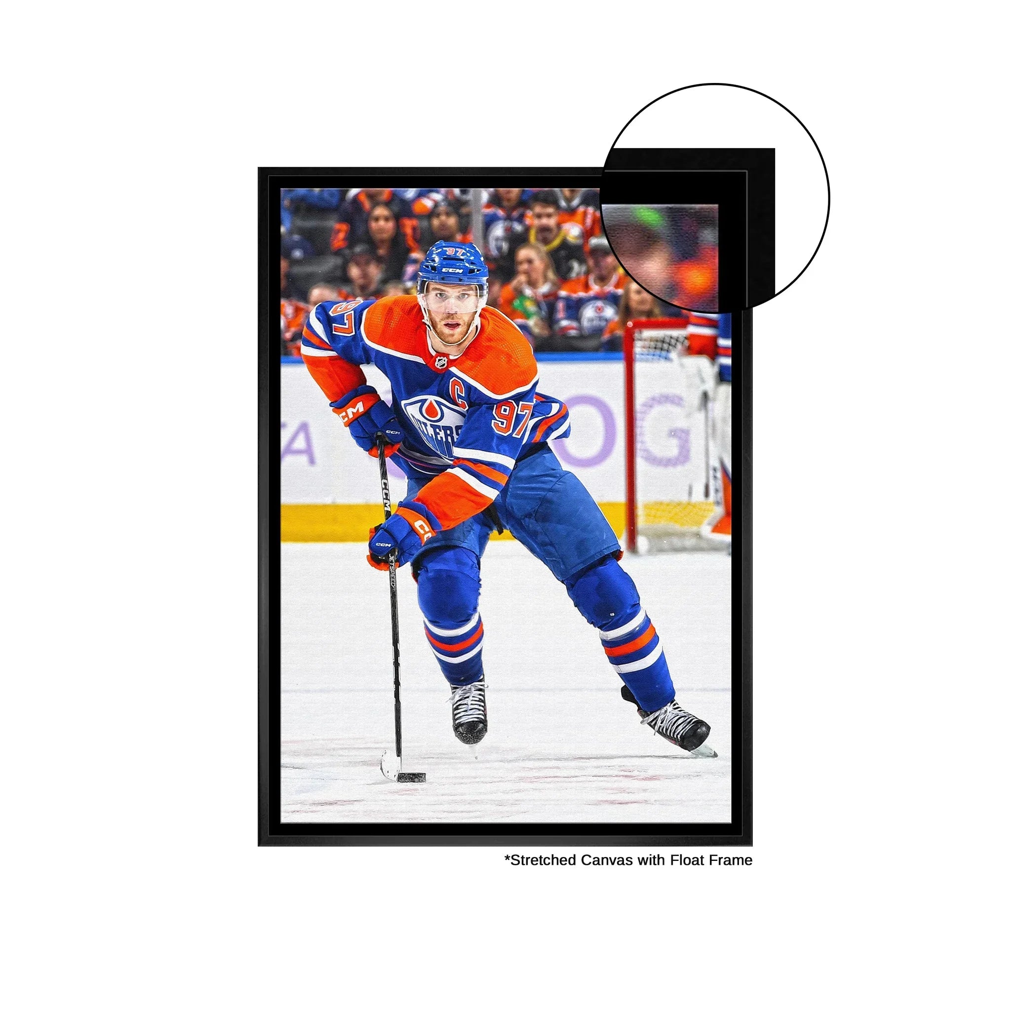 Hockey player in blue and orange jersey skating, framed canvas print, crowd in background