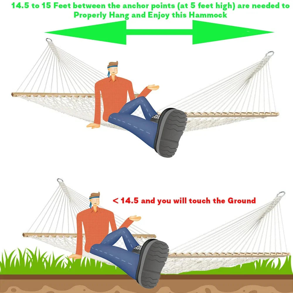 Illustration showing proper and improper cotton rope hammock hanging distances, anchor points, and ground clearance.