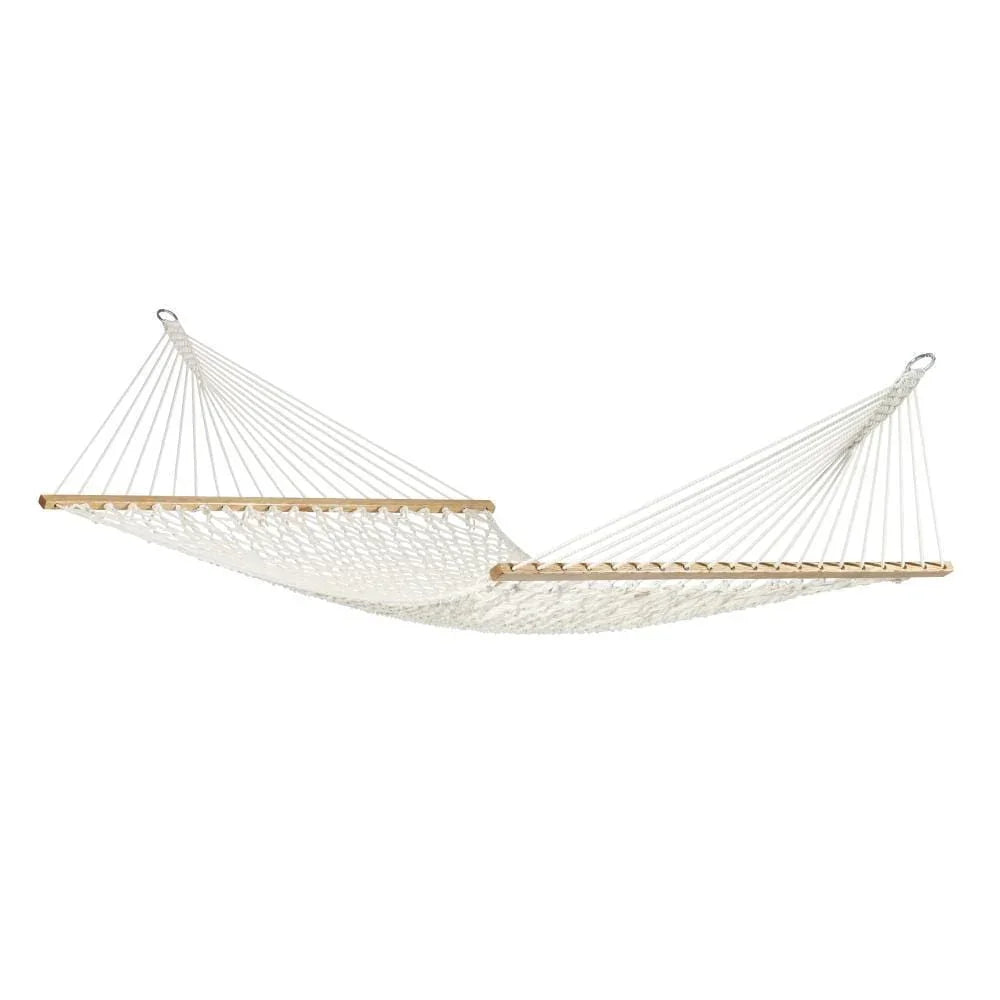 Cotton rope hammock with wooden spreader bars on a white background