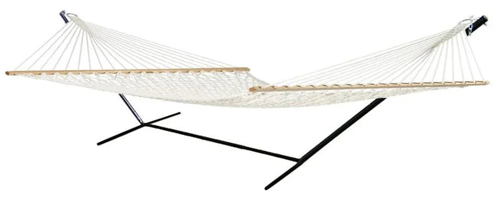 15-foot cotton rope hammock with black tri-beam steel stand on white background