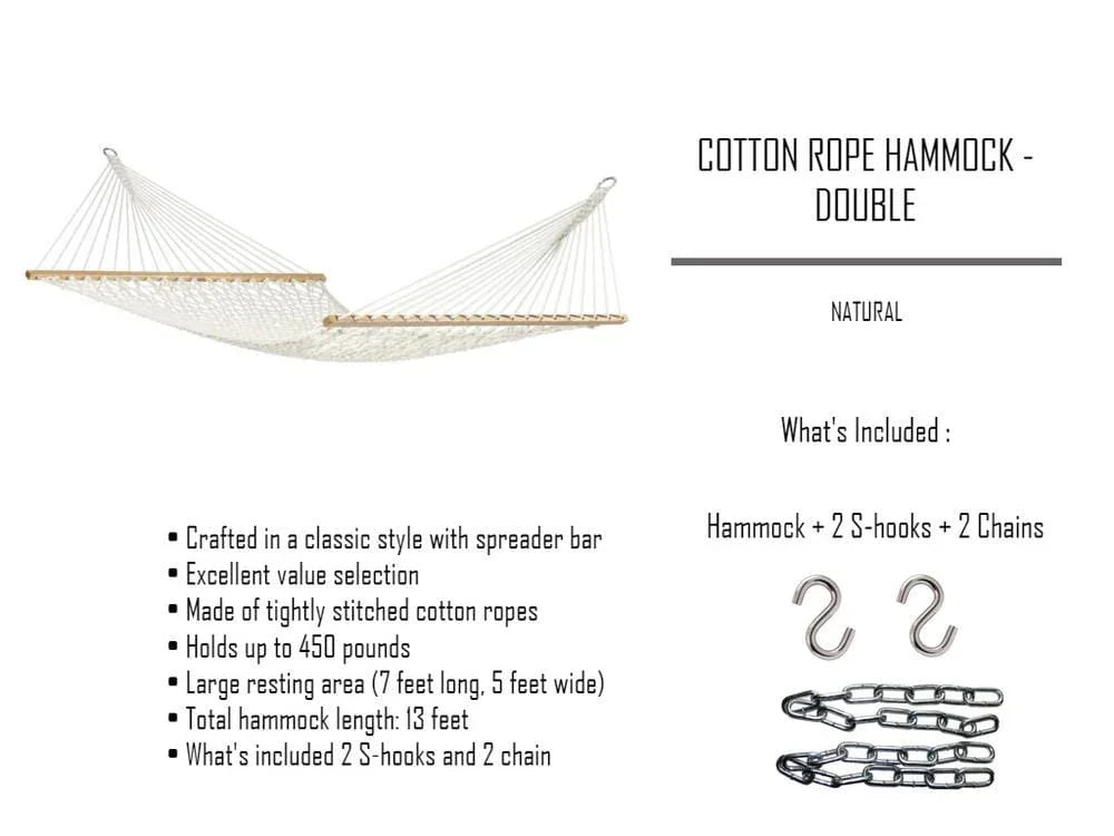 Double cotton rope hammock with wooden spreader bars, two S-hooks, and two chains included.