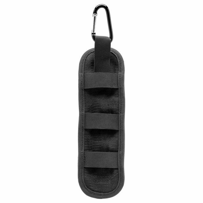 Black backpacker cross draw holster with MOLLE straps and carabiner on white background
