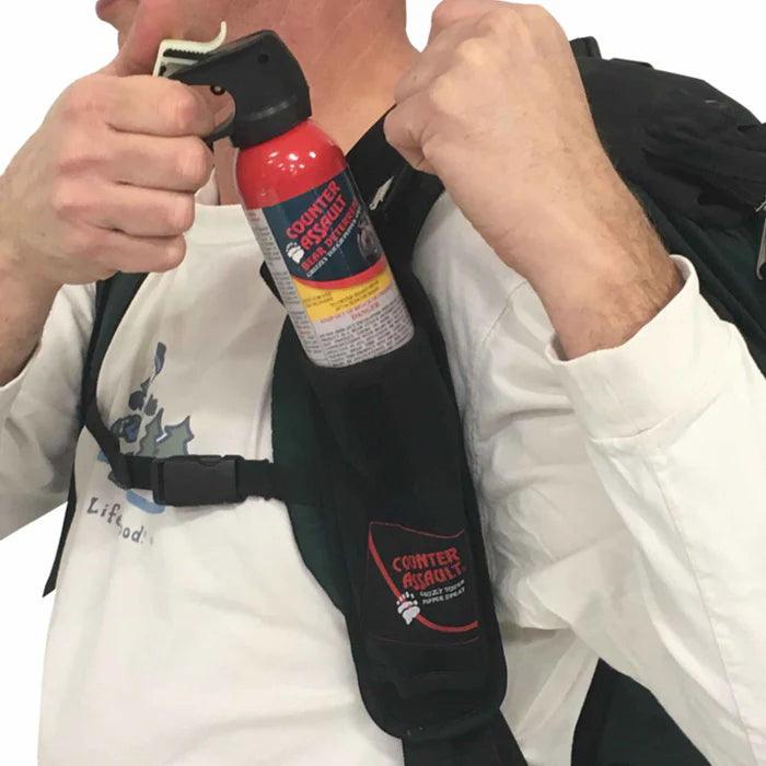 Man drawing bear spray from black backpack cross-draw holster, wearing white shirt