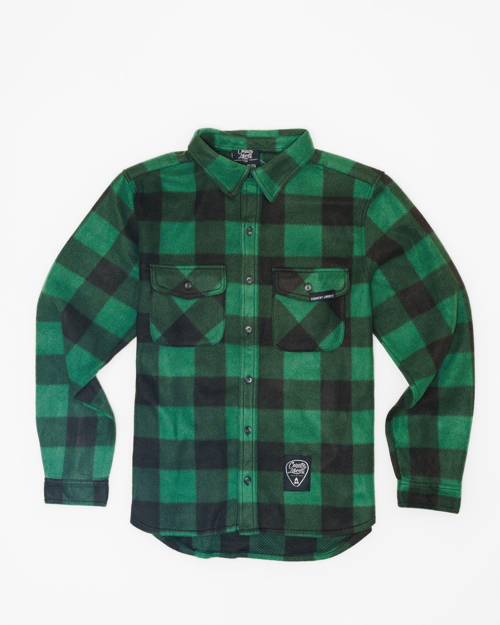 Green and black plaid fleece shirt with chest pockets, Country Liberty outdoor apparel