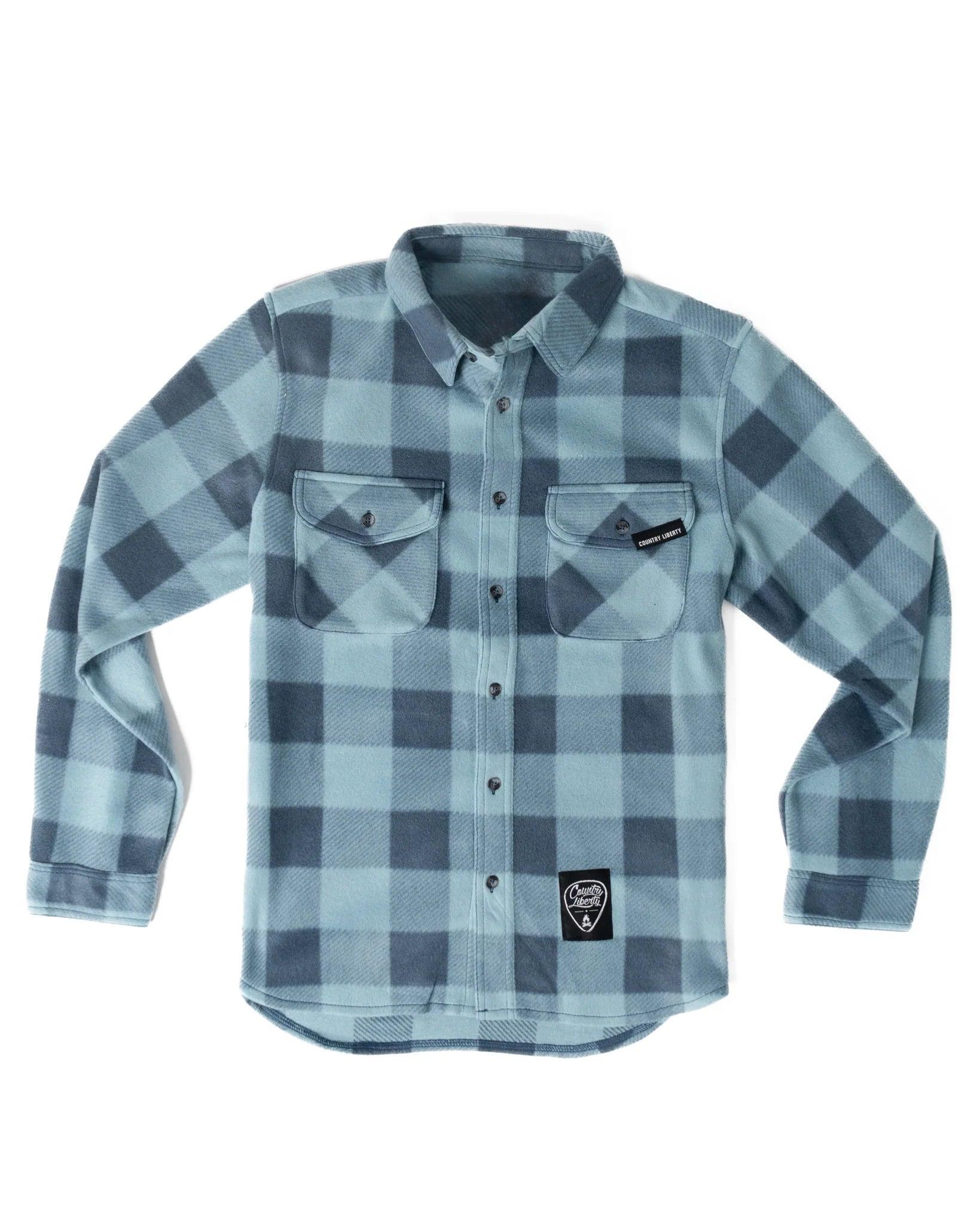 Blue plaid fleece shirt with chest pockets and Country Liberty patch, outdoor apparel