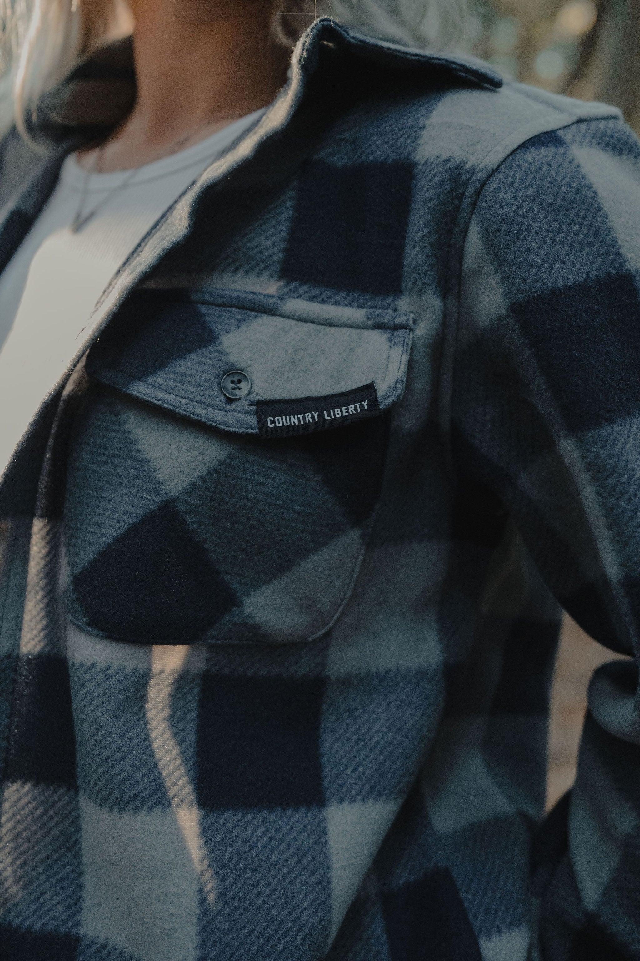 Country Liberty blue plaid fleece jacket close-up outdoors