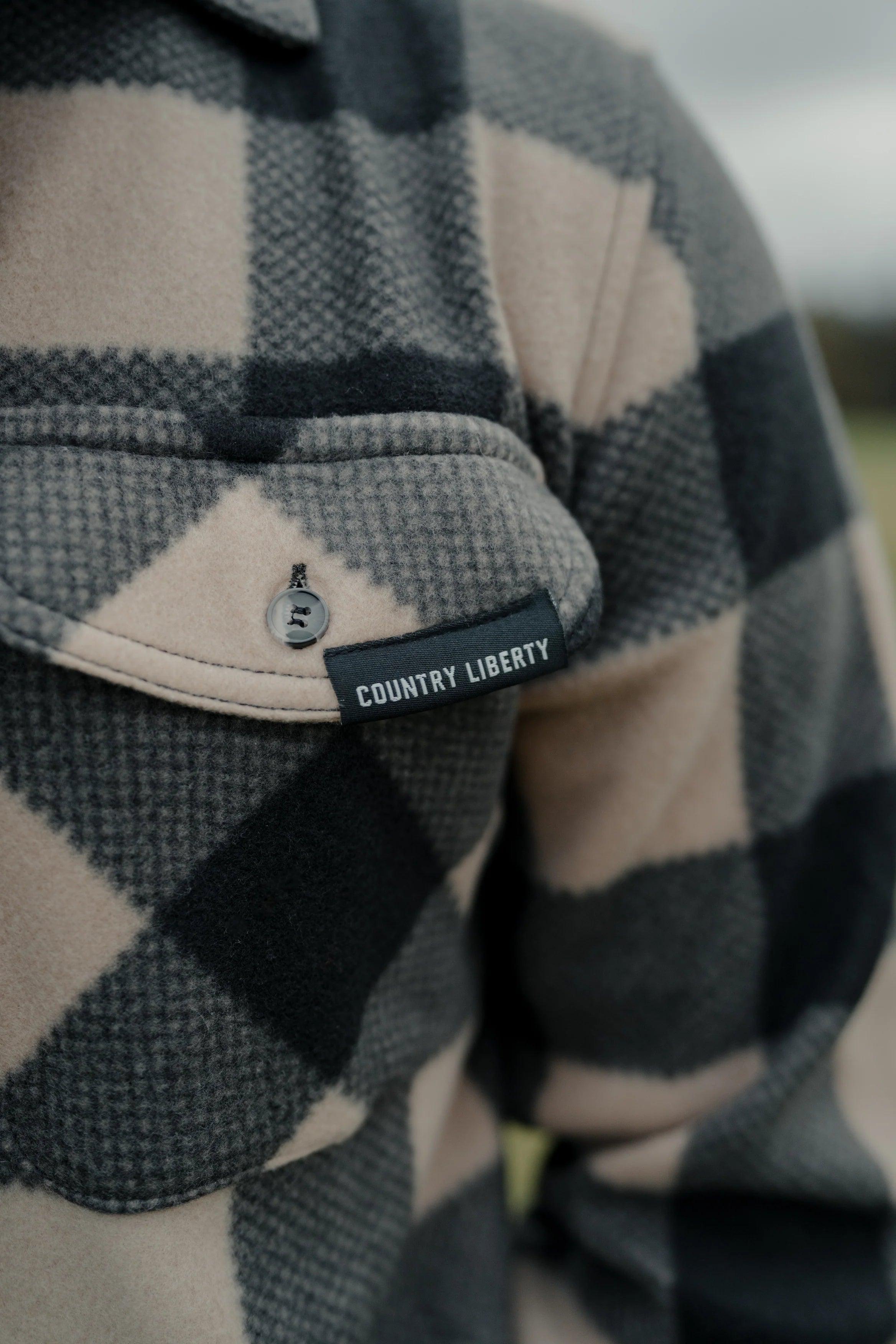 Country Liberty plaid fleece jacket with grey and beige check pattern and chest pocket
