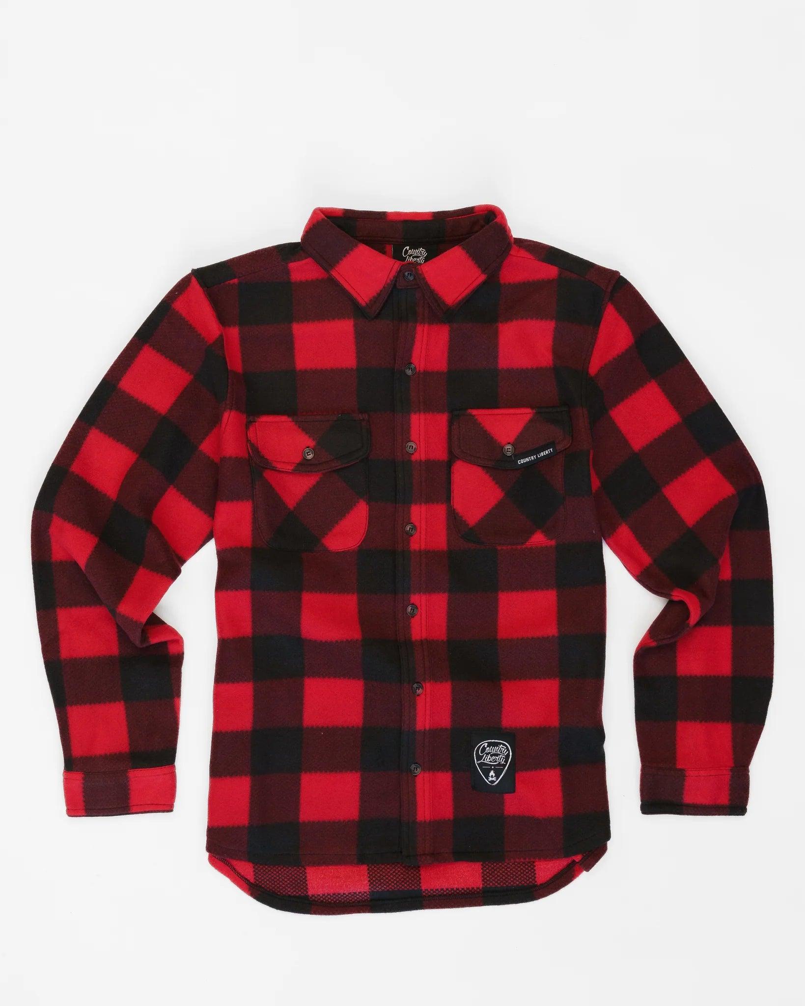 Red and black plaid fleece button-up shirt with Country Liberty patch, laid flat on white background