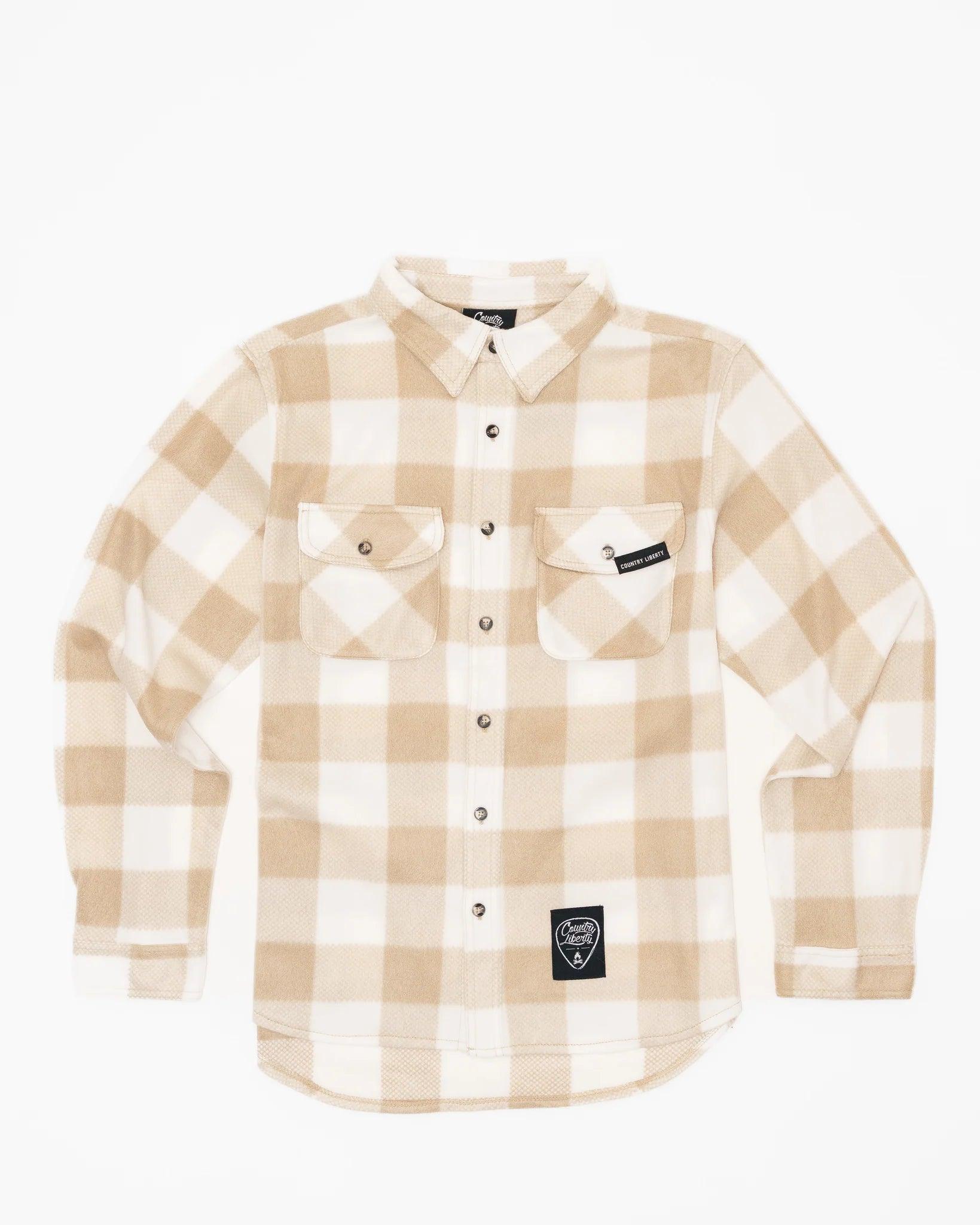 Beige and white plaid fleece shirt with Country Liberty patch and chest pockets