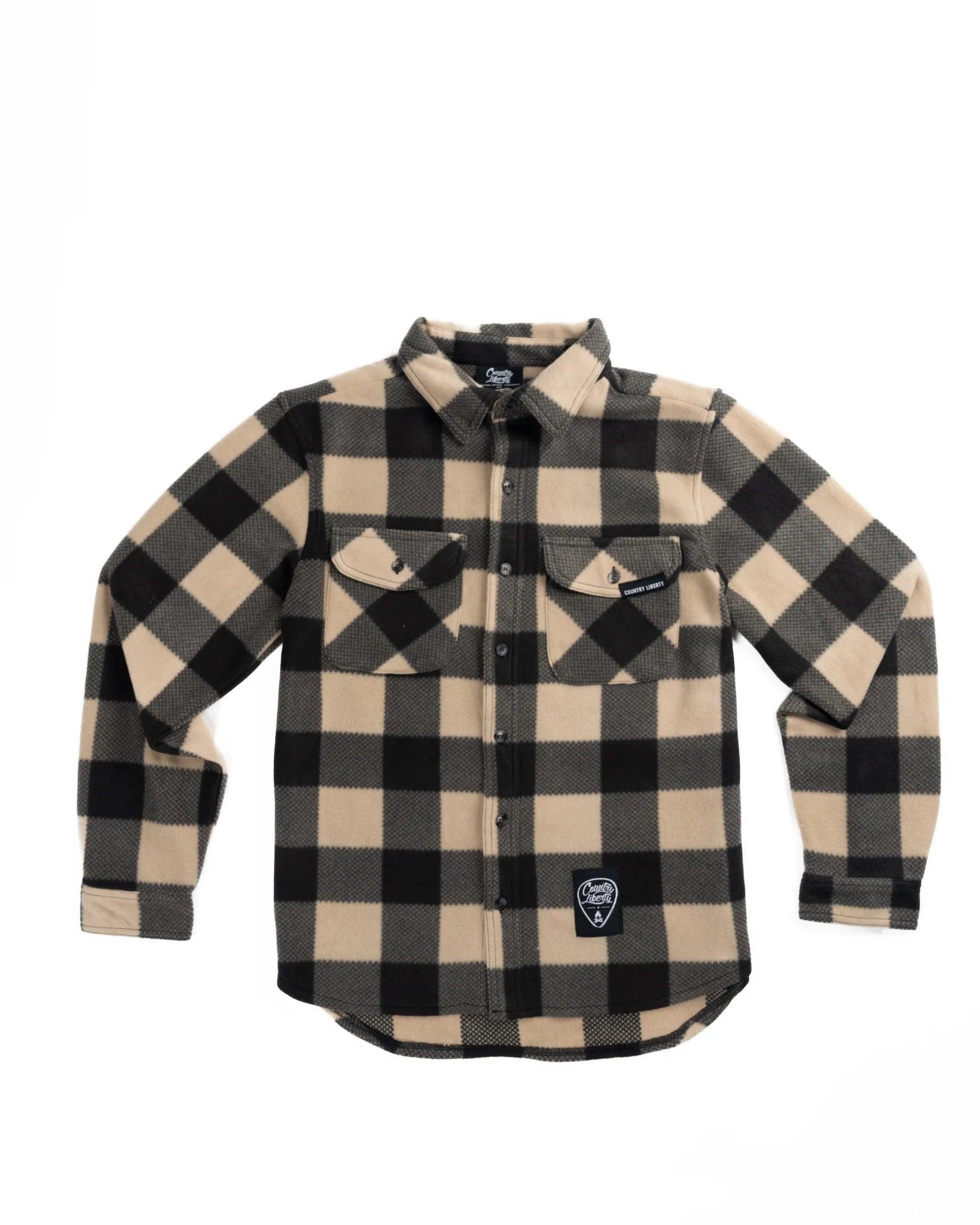 Tan and black plaid fleece shirt with front pockets, Country Liberty outdoor apparel logo