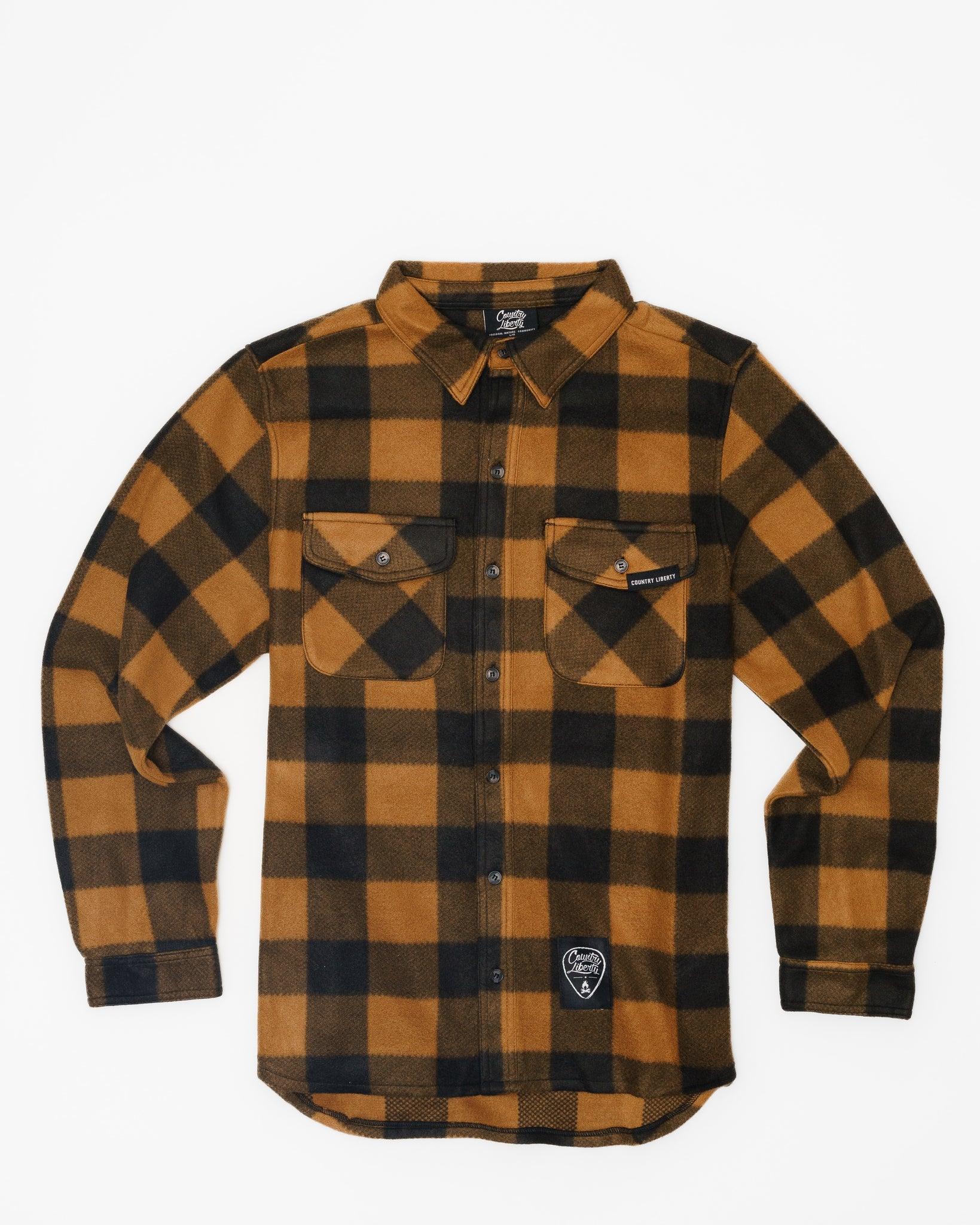 Country Liberty brown and black plaid fleece shirt with chest pockets on white background