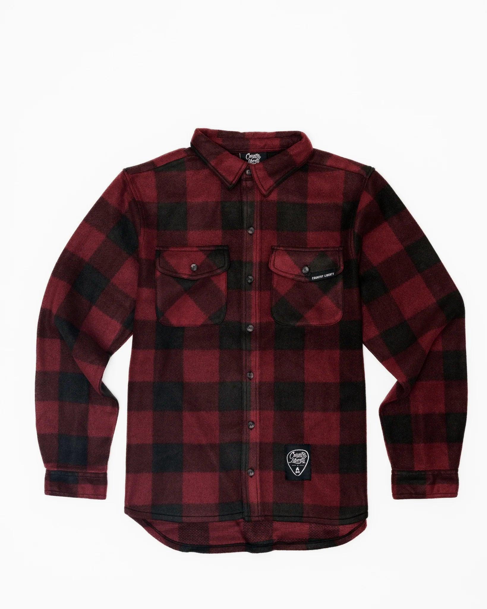 Red and black plaid fleece shirt with button front and Country Liberty patch on white background