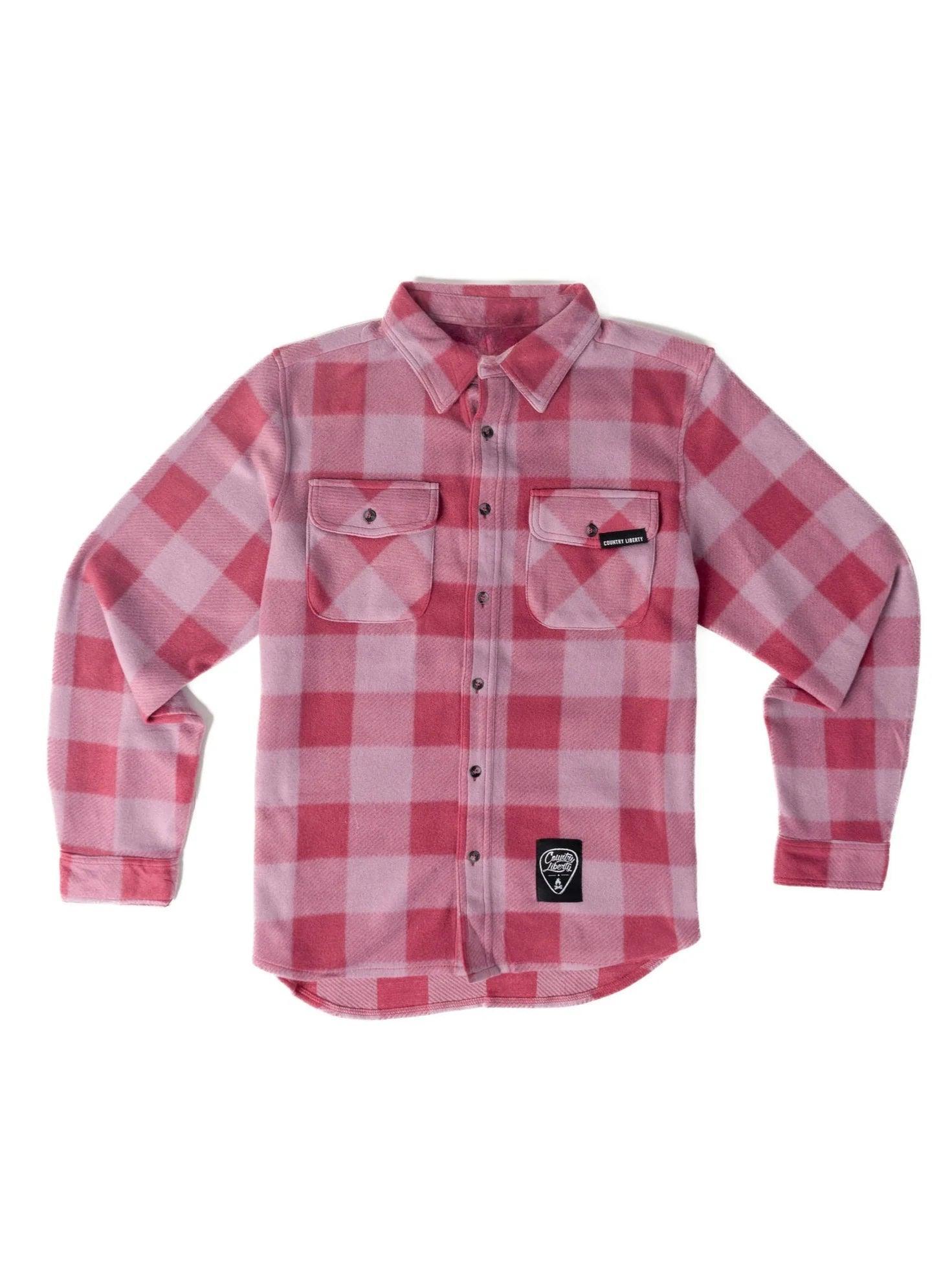 Country Liberty plaid fleece shirt in red and pink with chest pockets and outdoor apparel patch