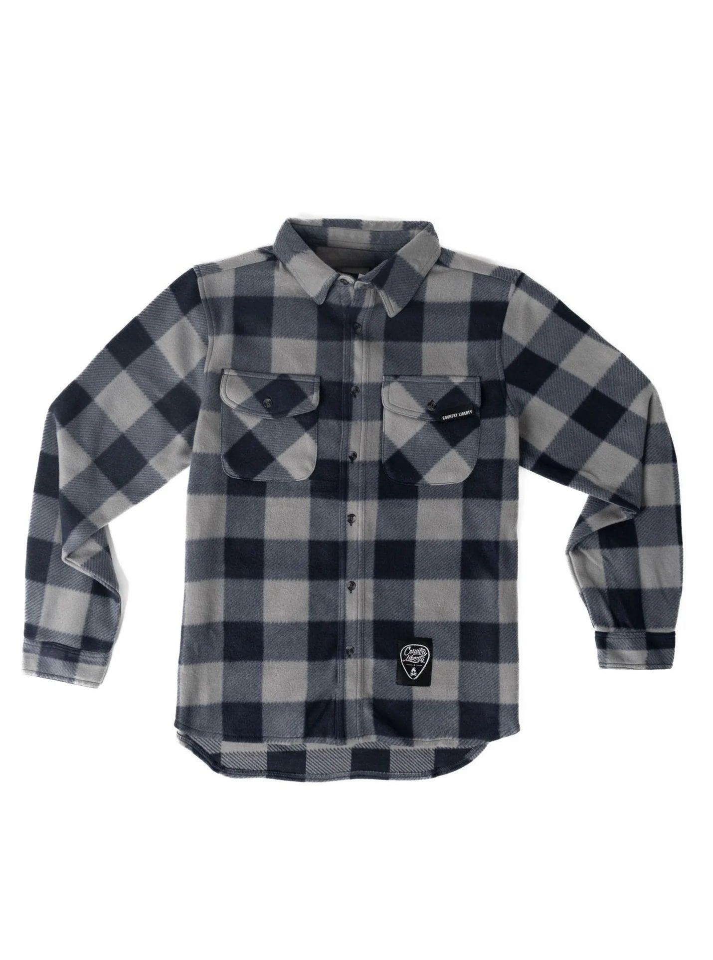 Country Liberty plaid fleece shirt in black and grey with chest pockets and outdoor apparel patch