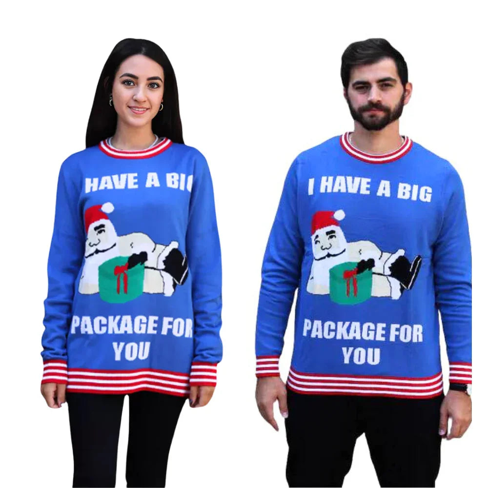Couple wearing blue Christmas sweaters with Santa and 'I have a big package for you' text.