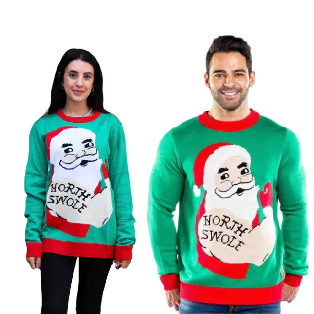 Man and woman wearing green North Swole Christmas sweaters with Santa graphic