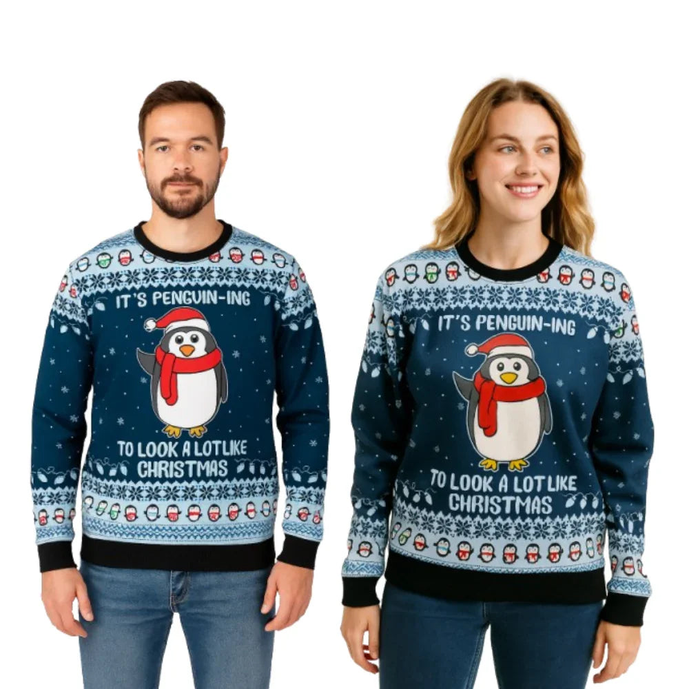 Couple wearing blue Christmas sweaters with cute penguin and snowflake pattern