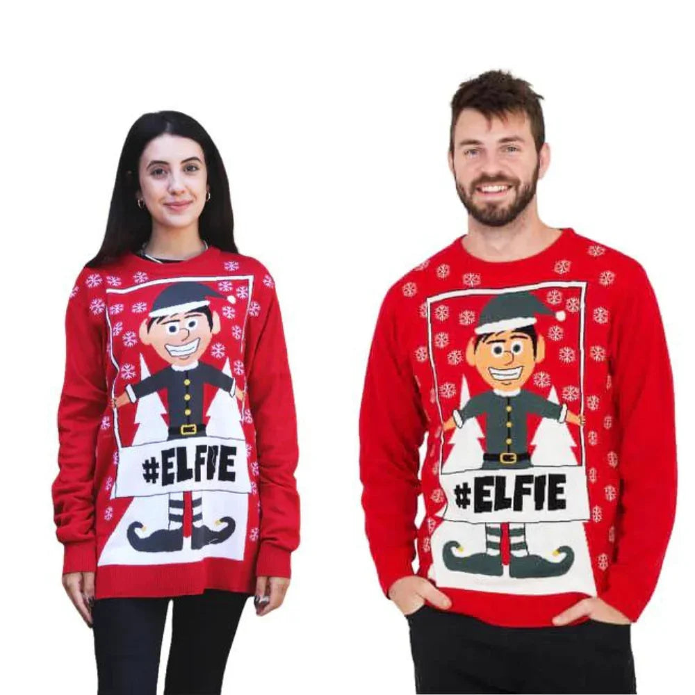 Man and woman wearing red Christmas sweaters with cartoon elf and #ELFIE text