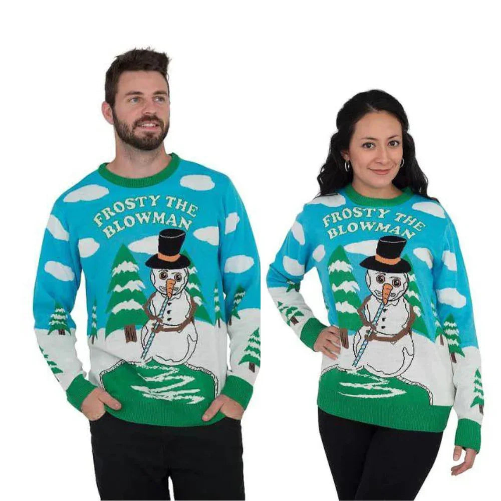Two people wearing blue Frosty the Blowman holiday sweaters with cartoon snowman design