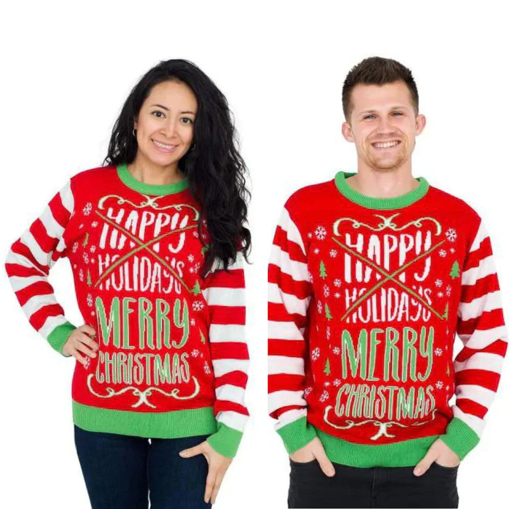 Two people wearing red Merry Christmas Happy Holidays holiday sweaters with festive patterns